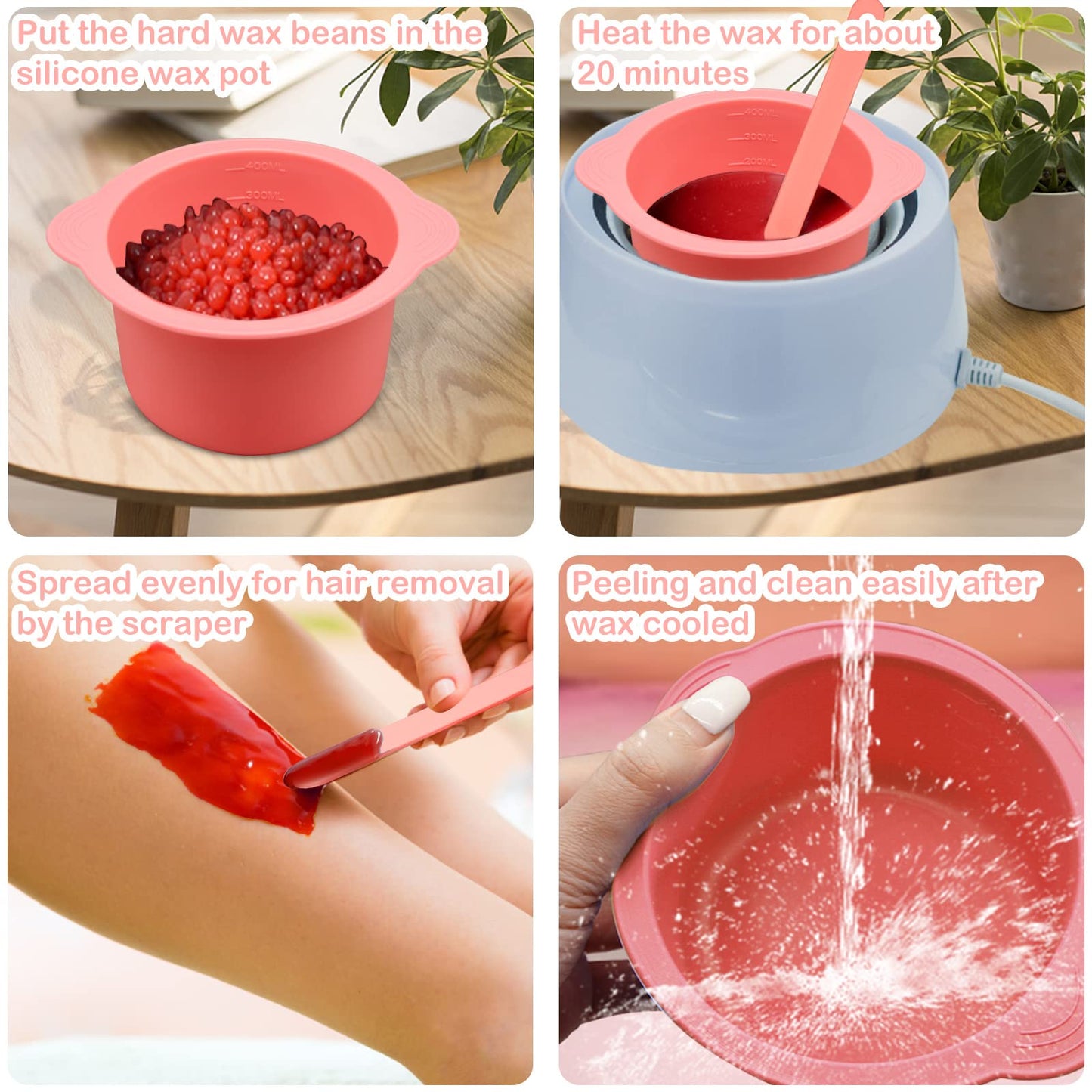 Silicone Wax Warmer Liners with Spatula Sticks - 2 Pcs Non-Stick Reusable Wax Melt Bowls for Hair Removal (Blue, Pink)