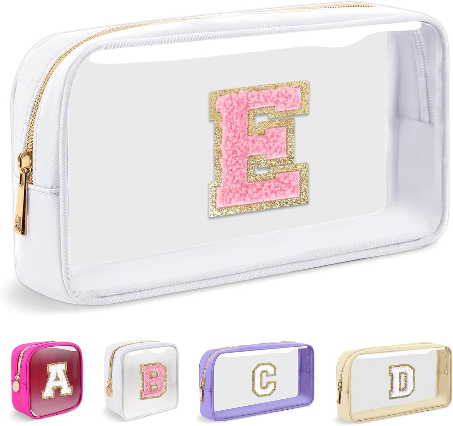 Personalized Initial Makeup Bag - Waterproof Nylon Cosmetic Pouch | A-Z Chenille Letter Patch, White-Pink G