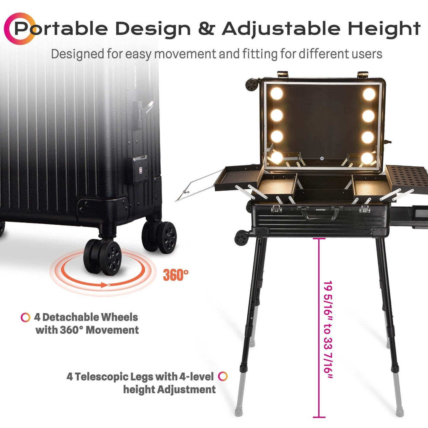 BYOOTIQUE Rolling Makeup Case with LED Lighted Mirror 24 Inch Professional