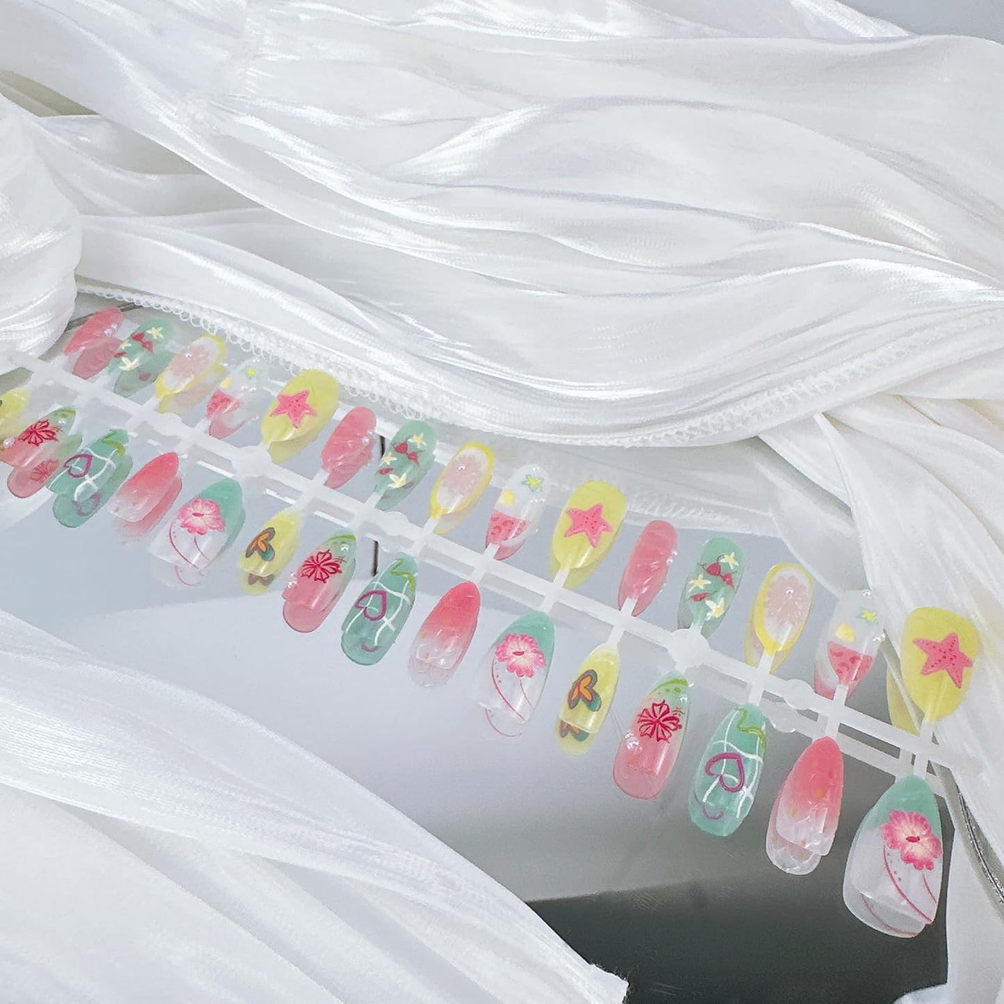 30Pcs Summer Press On Nails - Medium Almond Shape with 3D Starfish Designs | Includes Nail File & Jelly Stickers