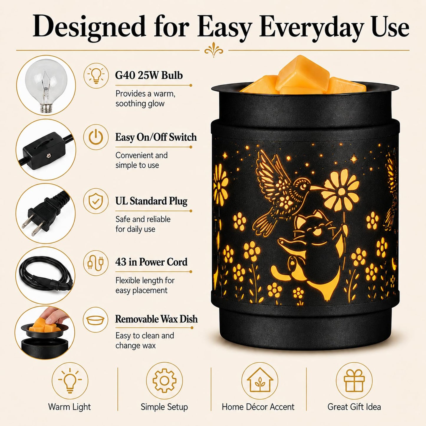 MOCOSA Metal Wax Melt Warmer, Electric Candle Wax Warmer for Scented Wax Melts, Stylish Metal Wax Melts Wax Cubes Burner for Home and Office Decor, Ideal Gift for Women and Girls(Hummingbird)