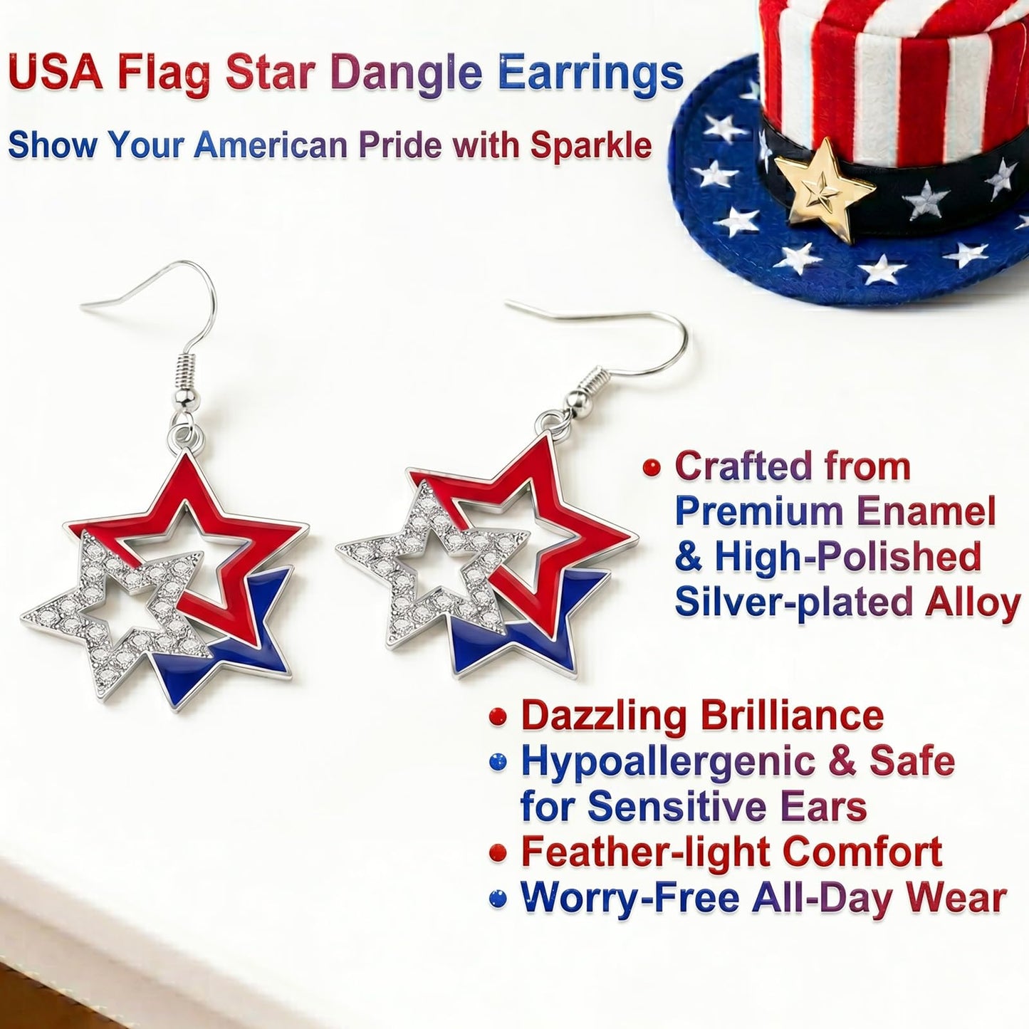 Paminify Red White Blue Glitter Freckles Face Tattoos,Independence Day Patriotic American Flag Star Earrings,4th of July Outfit for Women,Fourth of July Accessories