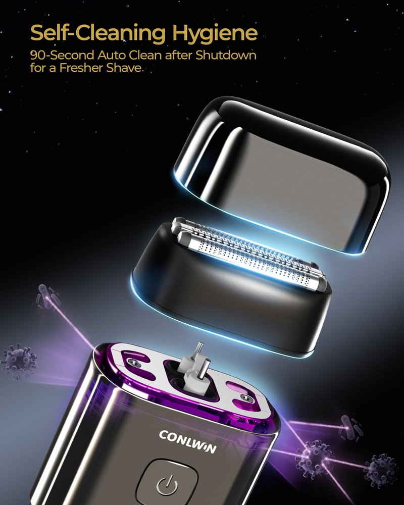 CONLWIN Electric Foil Shavers for Men, Self-Clean Mini Electric Razor with 3D Floating Blade, 2-Way Magnetic Cap Travel Shaver, USB-C Fast Charge, Waterproof Wet/Dry for Face Beard Neck, Model FK-712B
