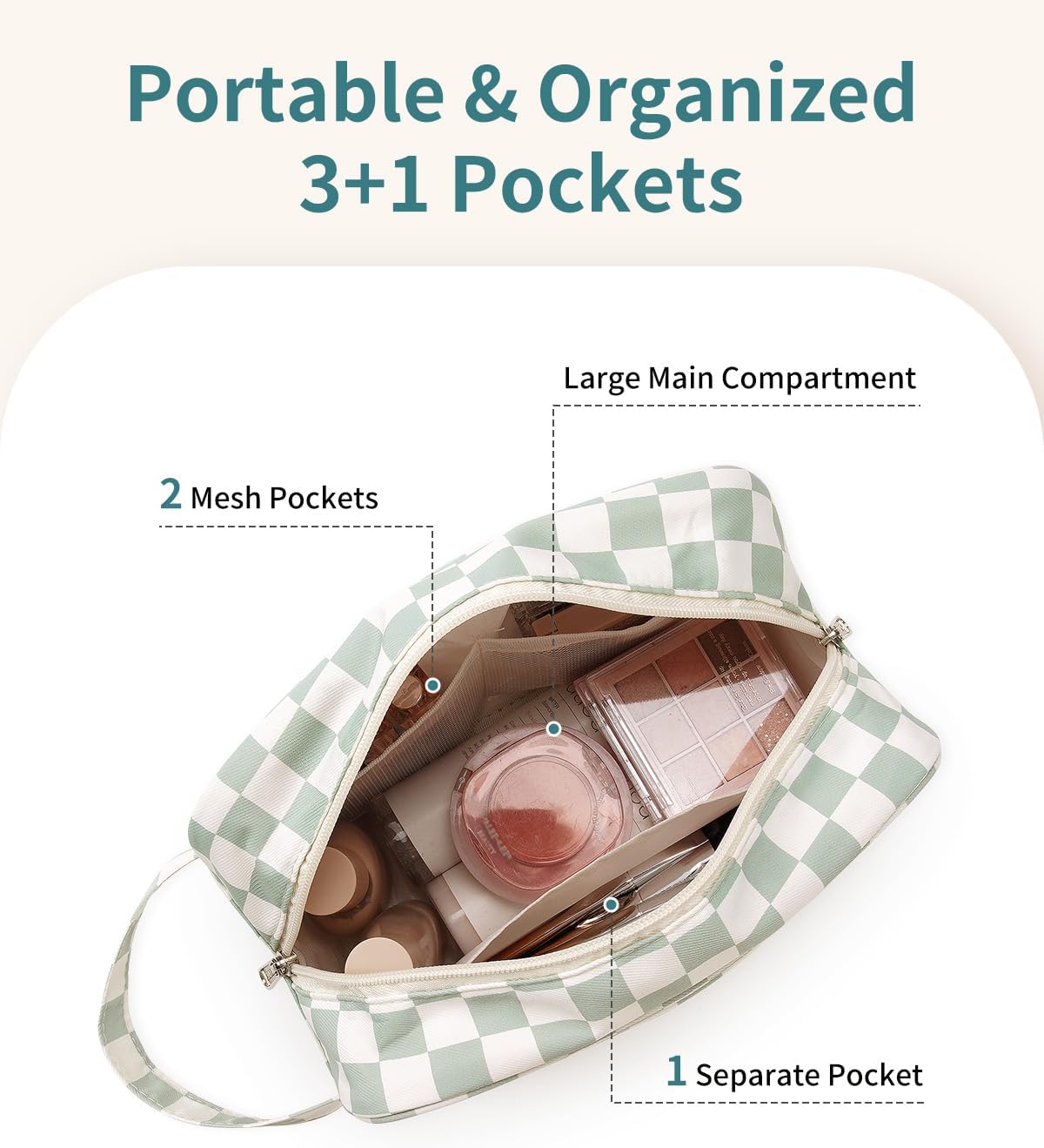 Travel Toiletry Bag for Women - Stylish Dopp Kit with Mint Green Checkerboard Design | Cosmetic & Makeup Organizer