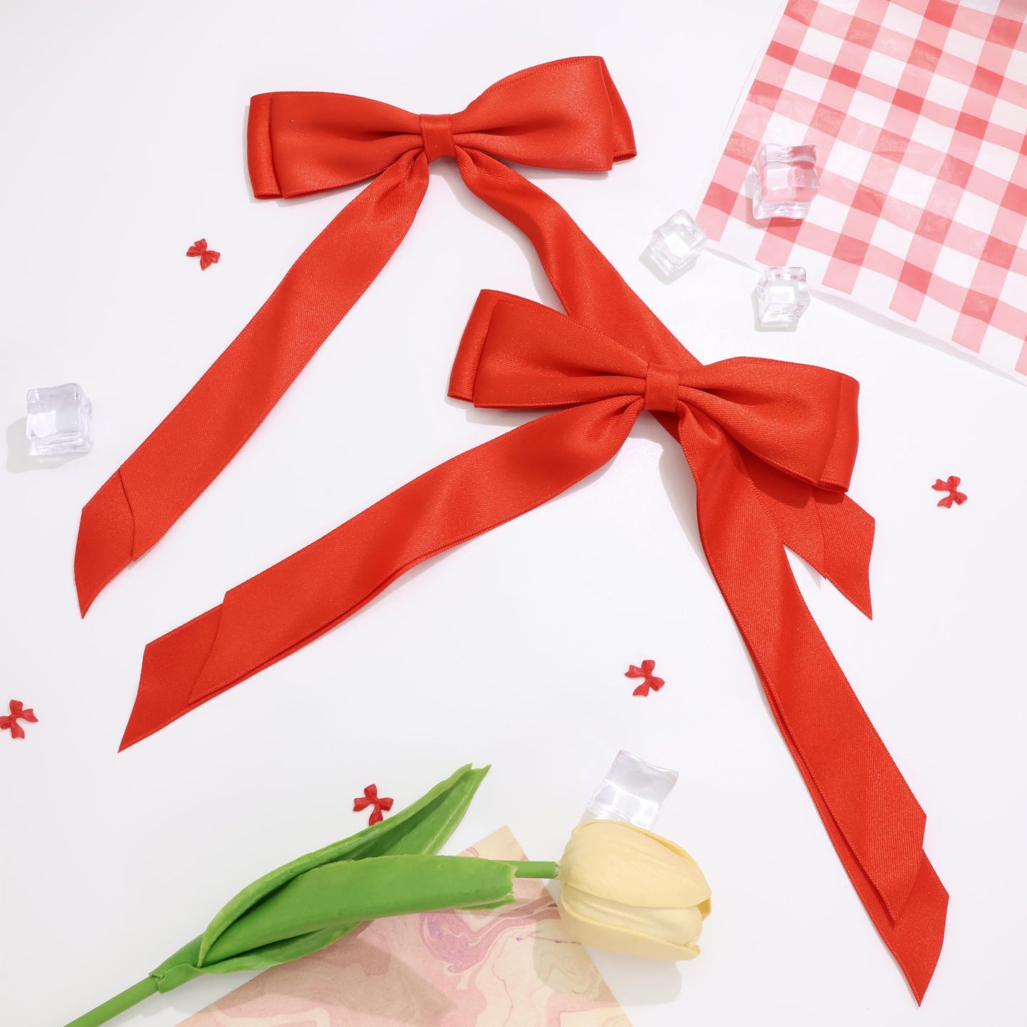STGDAK Red Hair Bows For Girls Women Double Layer Ribbon Long Tails Elegant Bow Clips Mini Ribbon Bow Barrettes Small Bowknot Clip Valentine's Day Hair Accessories For Girls Women
