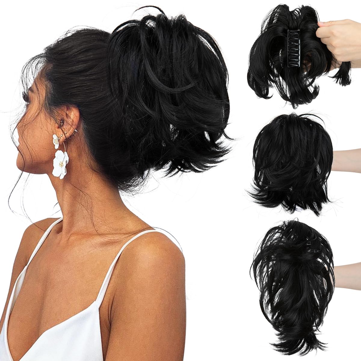 CJL Hair Claw Clip Short Ponytail Extensions - Bendable Metal Messy Bun Piece | Wavy Curly Synthetic Hair, Ash Grey