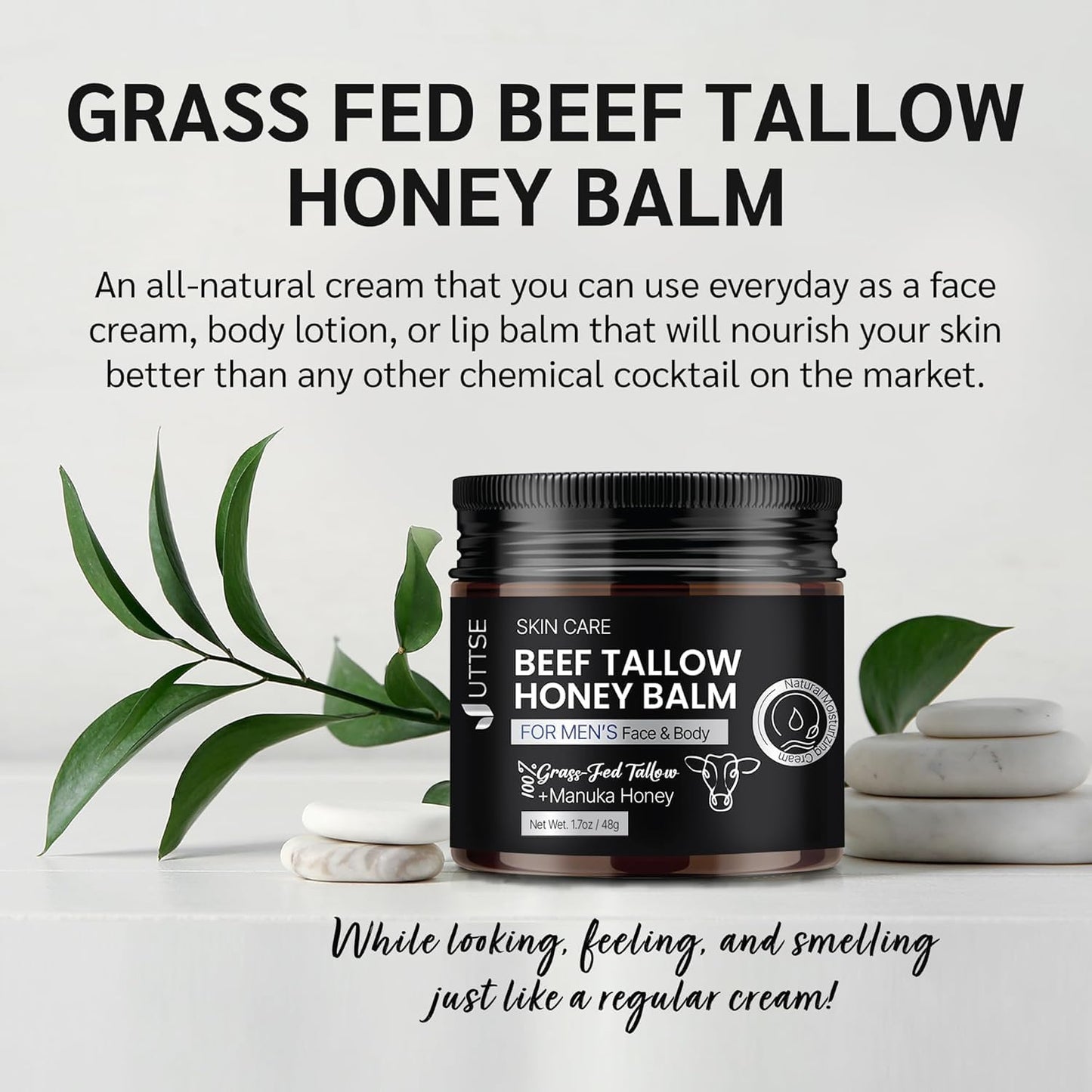 Uttse Men's Beef Tallow for Skin Care:100% Grass-Fed Beef Tallow Face Moisturizer For Men - Tallow and Honey Balm With Olive Oil Manuka Honey For Sensitive Dry Skin Repair 1.7 oz