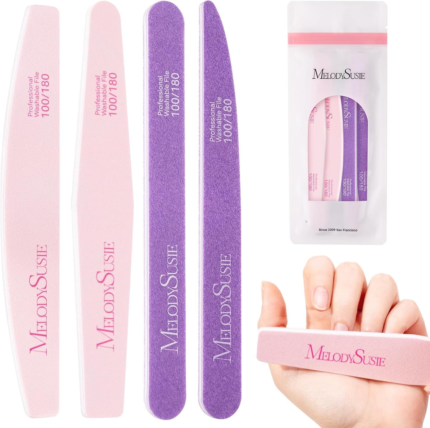 Professional Nail Files - 4Pcs Double-Sided Emery Boards for Acrylic, Gel & Natural Nails | Pink & Purple