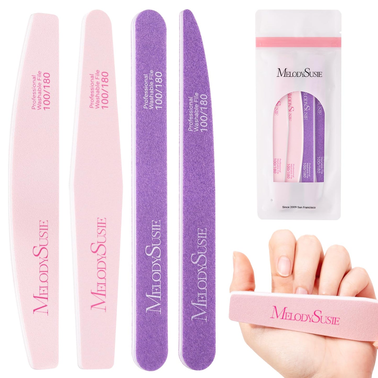 MelodySusie 4Pcs Professional Nail Files 100/180 Grit, Double Sided Emery Boards for Acrylic, Gel and Natural Nails, Manicure Pedicure Shaping Tools for Home Salon, Pink & Purple