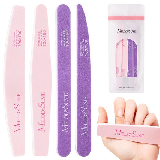 MelodySusie 4Pcs Professional Nail Files 100/180 Grit, Double Sided Emery Boards for Acrylic, Gel and Natural Nails, Manicure Pedicure Shaping Tools for Home Salon, Pink & Purple