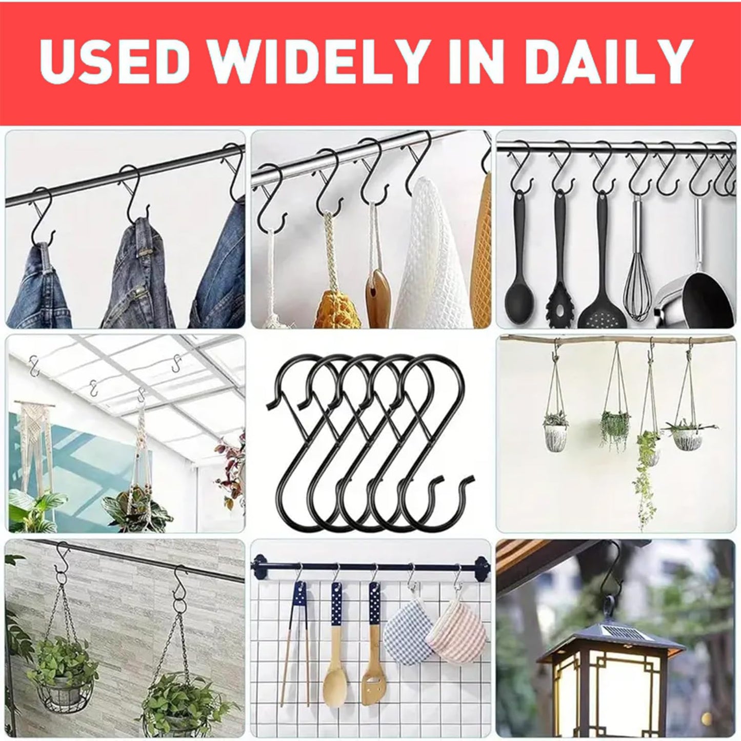 6Pcs S Hooks for Hanging Heavy Duty, 3.5-inch Heavy Duty Metal S Hook, 0.5-inch Safety Buckle, Hanging Plants, Kitchen Utensil, Pot, Pan, Bags