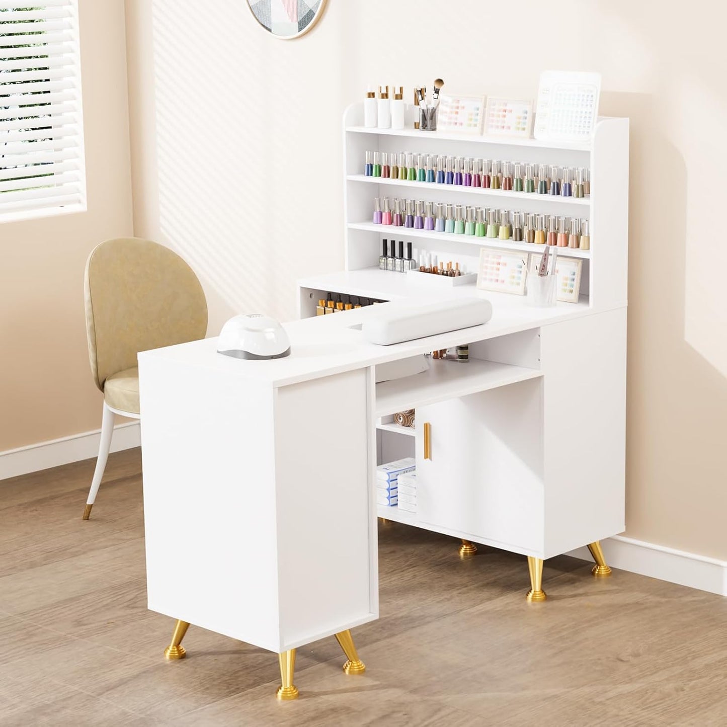 L Shaped Manicure Table with Dust Collector - 52" Corner Nail Desk for Professionals | Acetone Resistant, Storage Drawer & Polish Rack