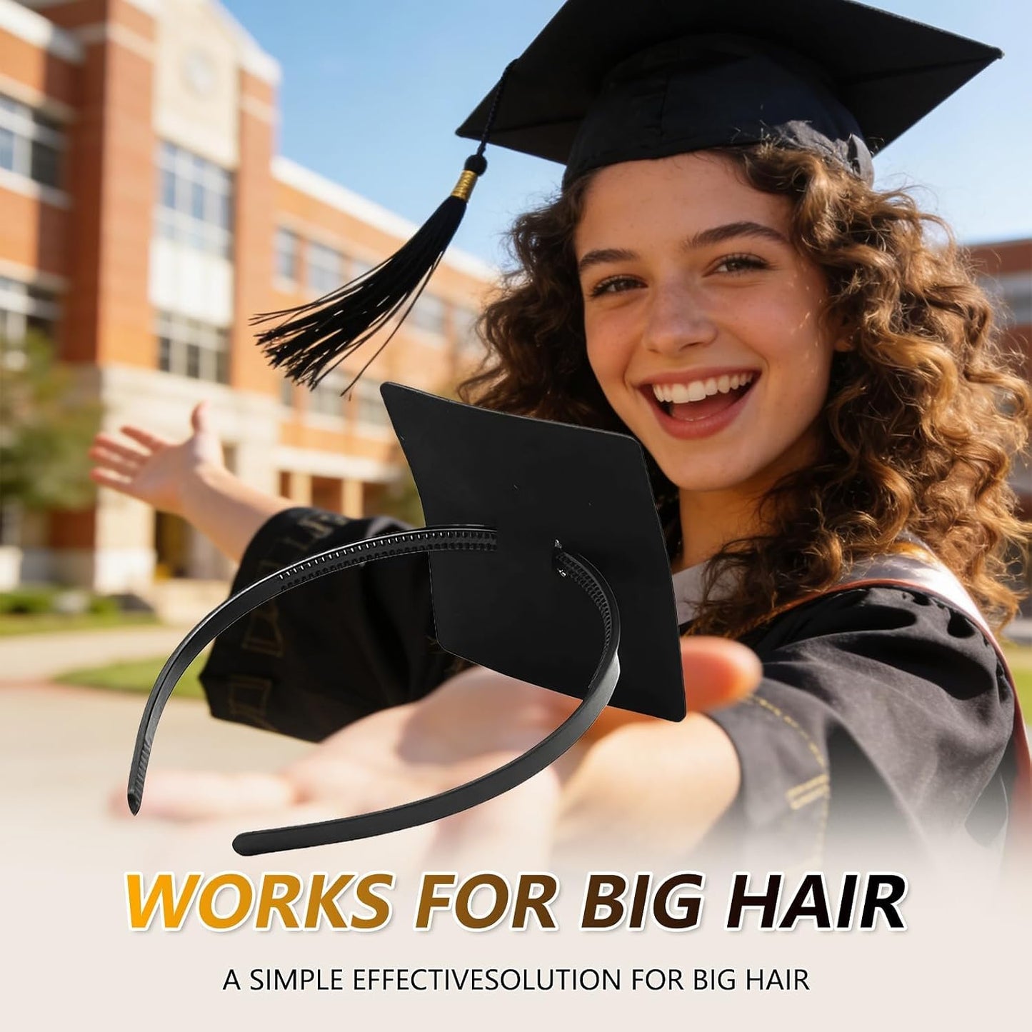 Graduation Cap Headband Insert - Firm Anti-Fall Hair Band for Secure Grad Cap | Black Square, 1 Pack