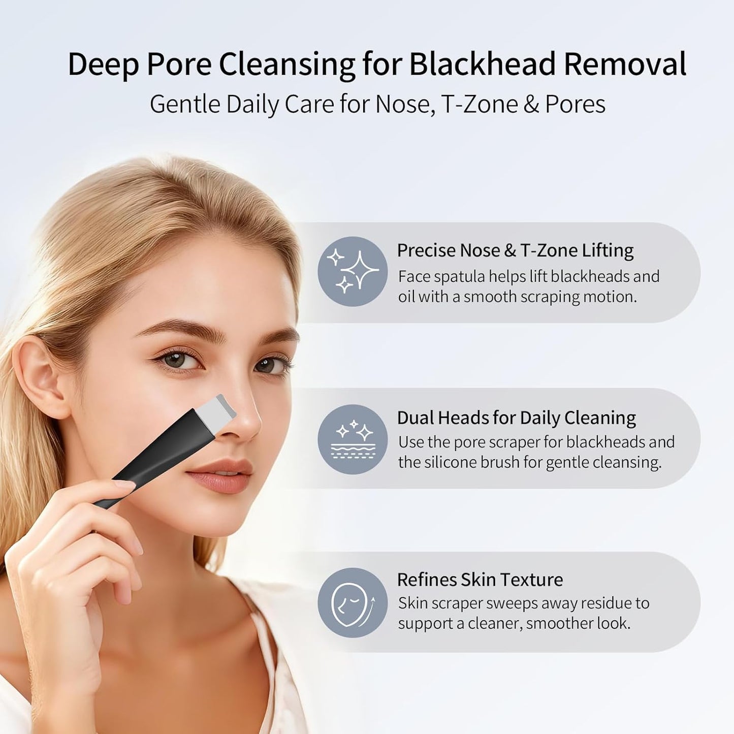 Blackhead Remover Tool - Stainless Steel Face Scraper & Skin Scrubber | 3-in-1 Deep Cleansing Tool with Mask Applicator & 2 Silicone Heads (Black)