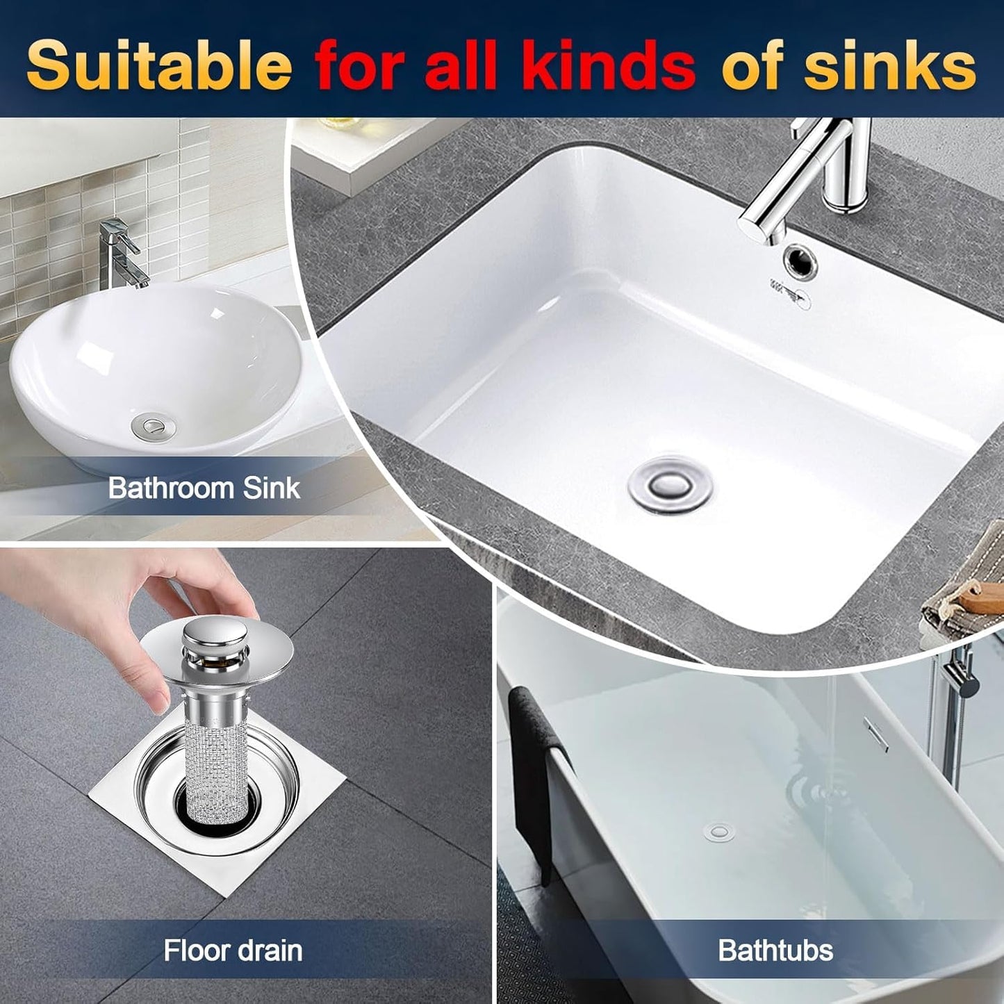 Bathroom Sink Drain Strainer with Pop Up Stopper, Stainless Steel Removable Filter Basket Hair Catcher, Anti-Clog Sink Drain Filter for Bathroom Sink (1 Pack)