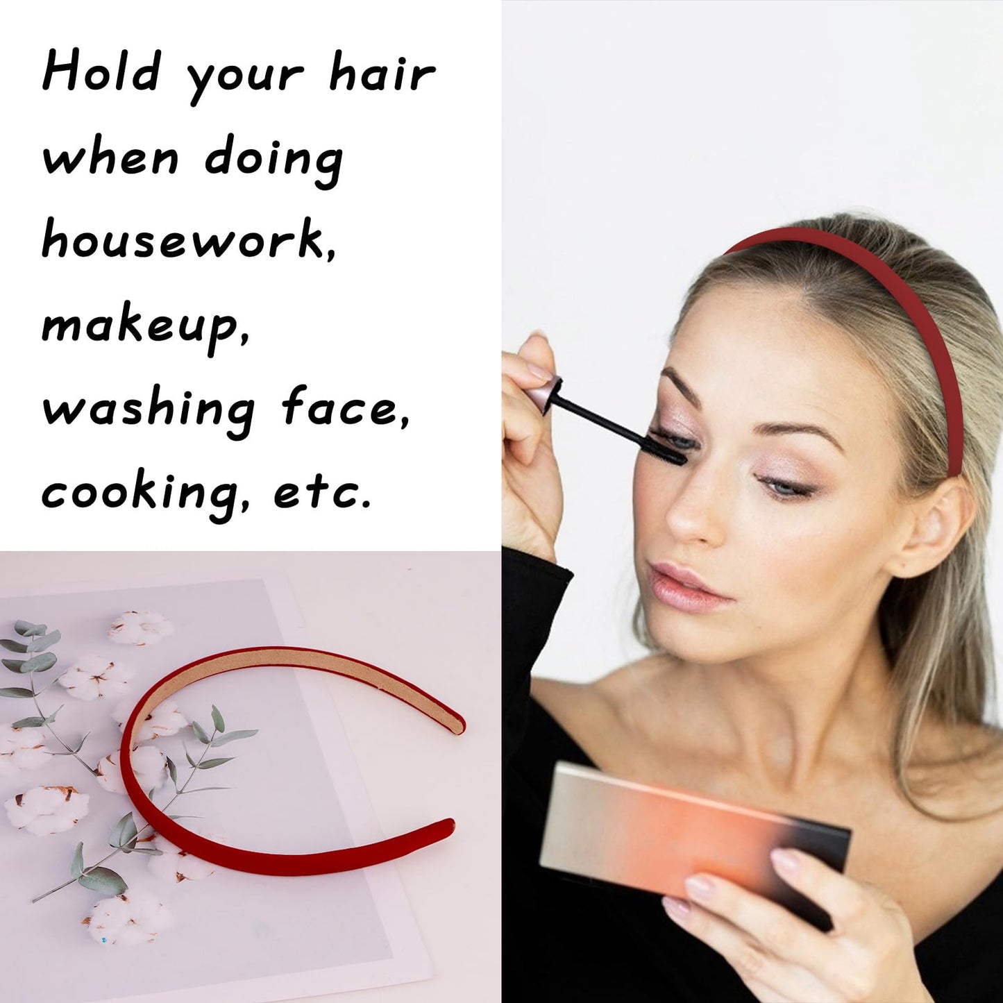 Wecoe Dark Red Narrow Satin Headbands, 10pcs Non Slip Fashion Hair Bands for Women' Hair - Holiday Accessories