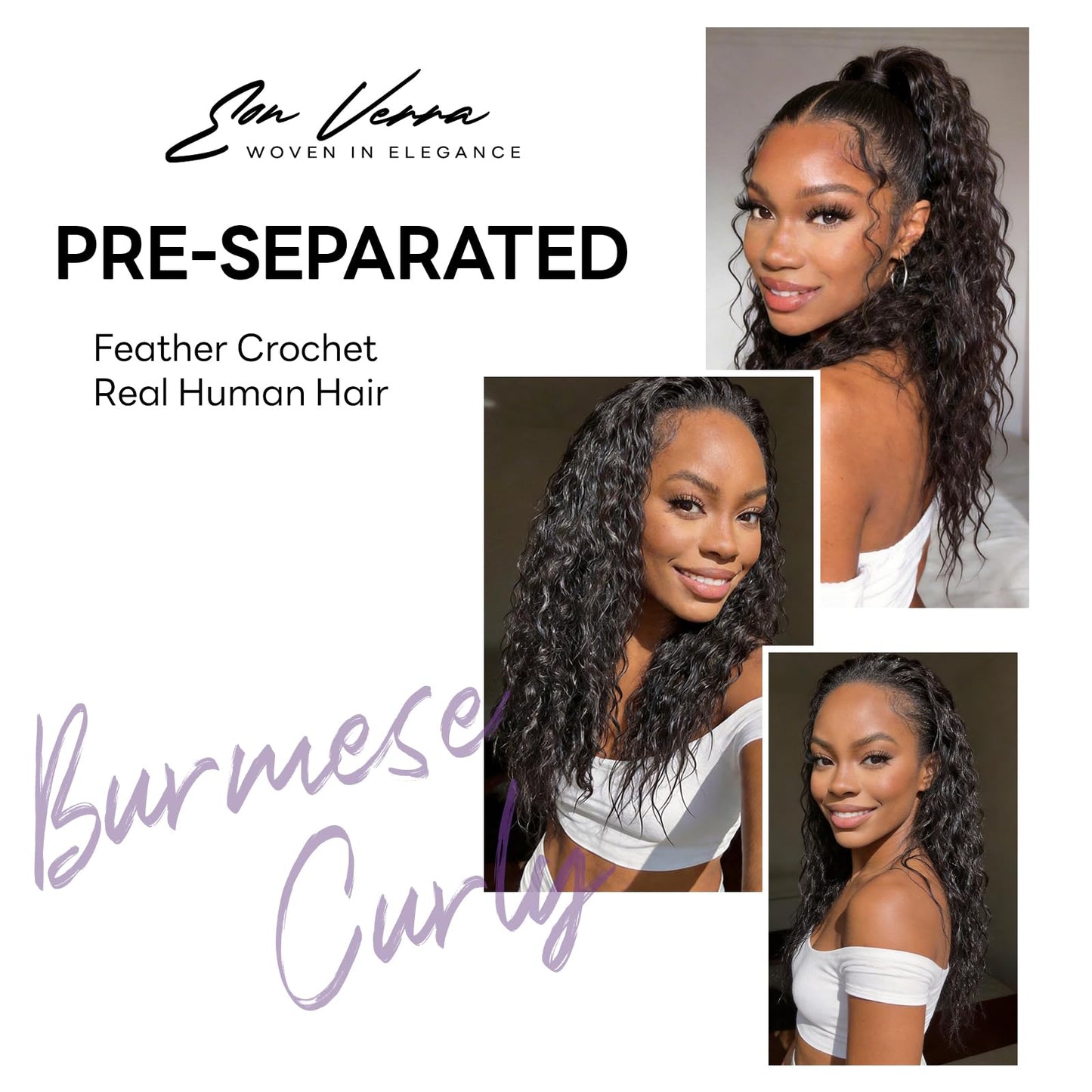 Burmese Curly Feather Crochet Human Hair for Women 18 Inch 60g Invisible Miracle Knots Curly Crochet Human Hair Bundles Pre-Separated Feather Human Hair Extensions Natural Black Human Crochet Hair