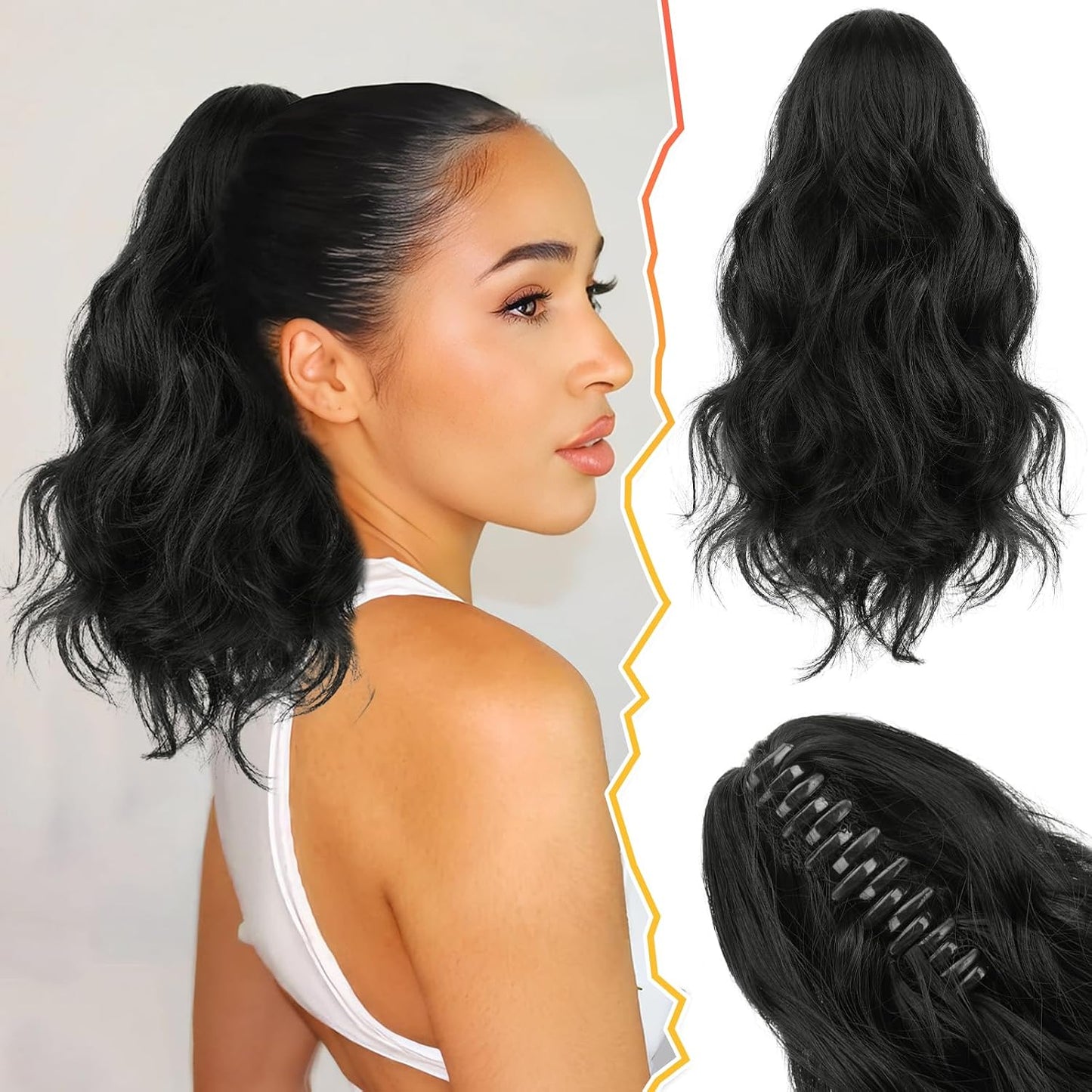 Claw Clip Ponytail Extension - 20 Inch Black Wavy Synthetic Hair | Soft, Lightweight, Realistic Look