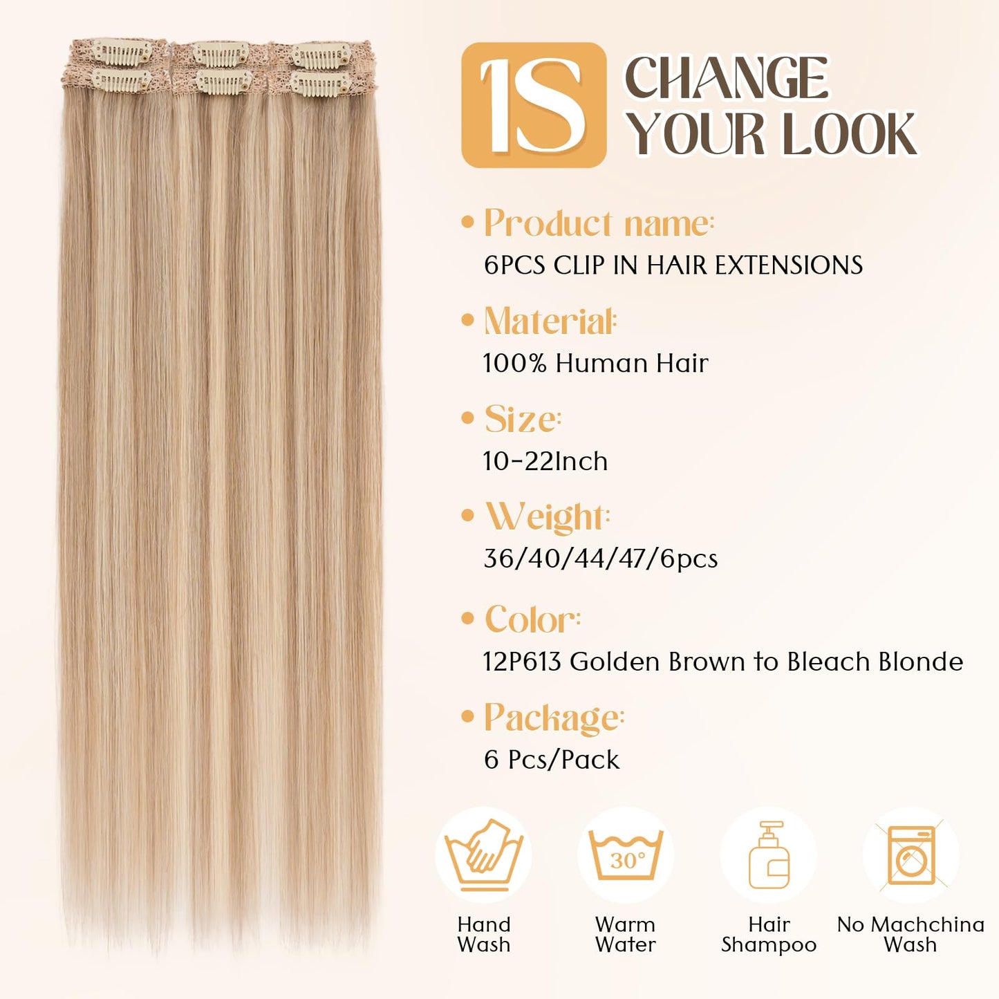 S-noilite 6Pcs Clip in Human Hair Extensions,Remy Single Short Clip in Hair Extensions 6Pcs 6clips Straight Golden Brown/Bleach Blonde Seamless Hairpieces for Women 10Inch 31g