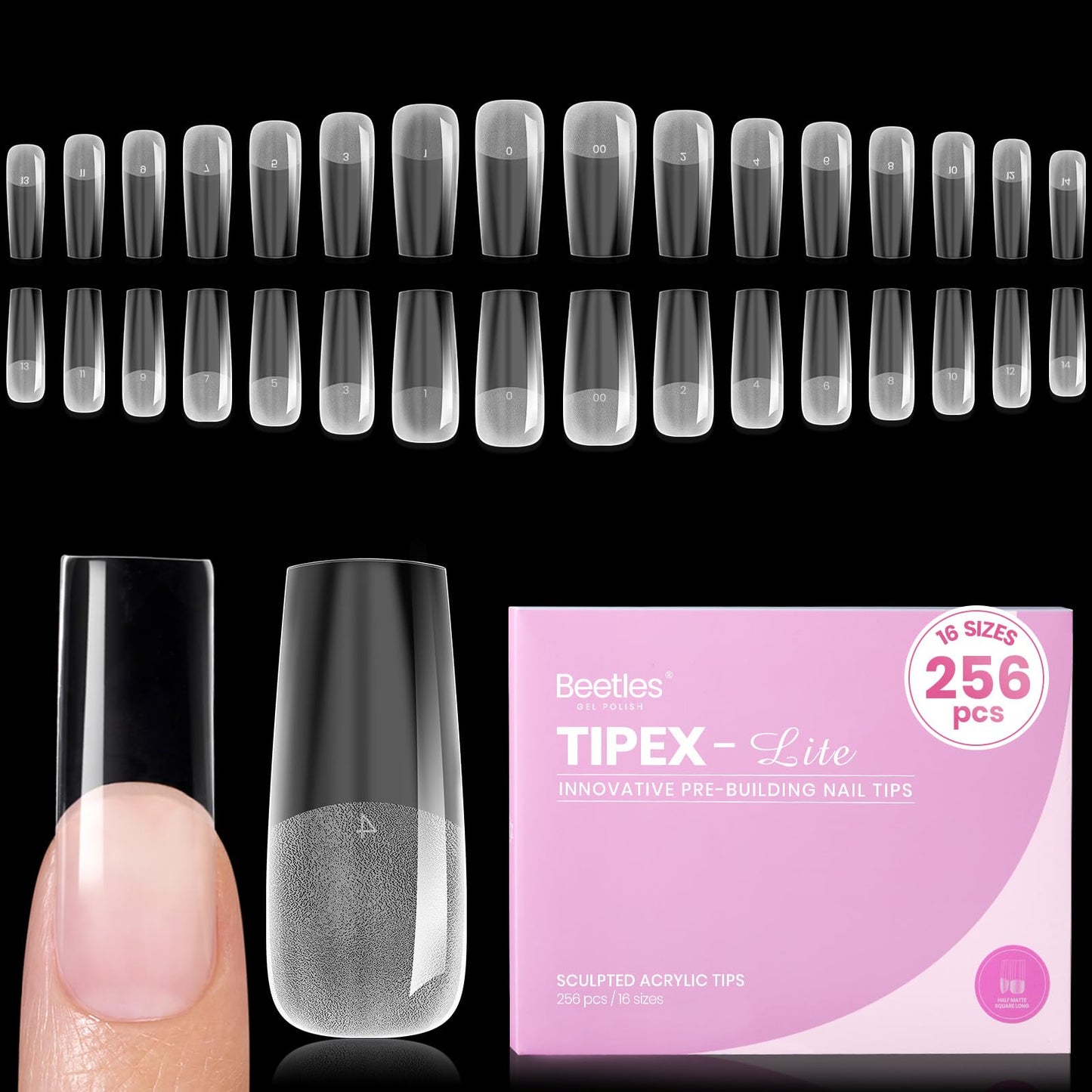 Beetles Tipex Lite Instant Apex Nail Tips, Long Square, No Builder Gel Needed, 256pcs Value Pack, 16 Sizes 00-14 for DIY Salon-look Extensions