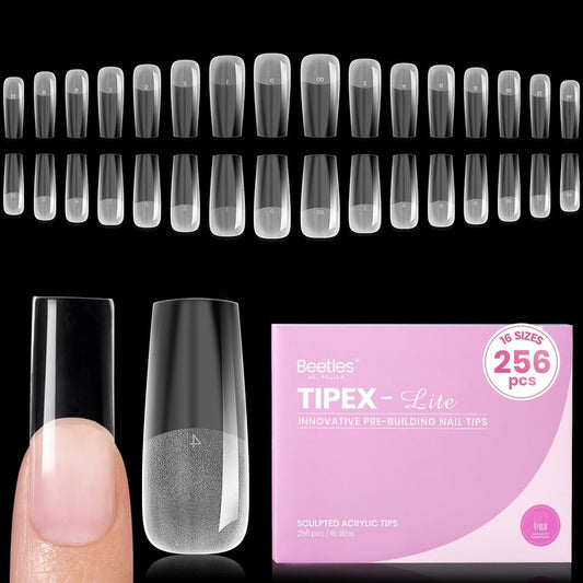 Beetles Tipex Lite Instant Apex Nail Tips, Long Square, No Builder Gel Needed, 256pcs Value Pack, 16 Sizes 00-14 for DIY Salon-look Extensions