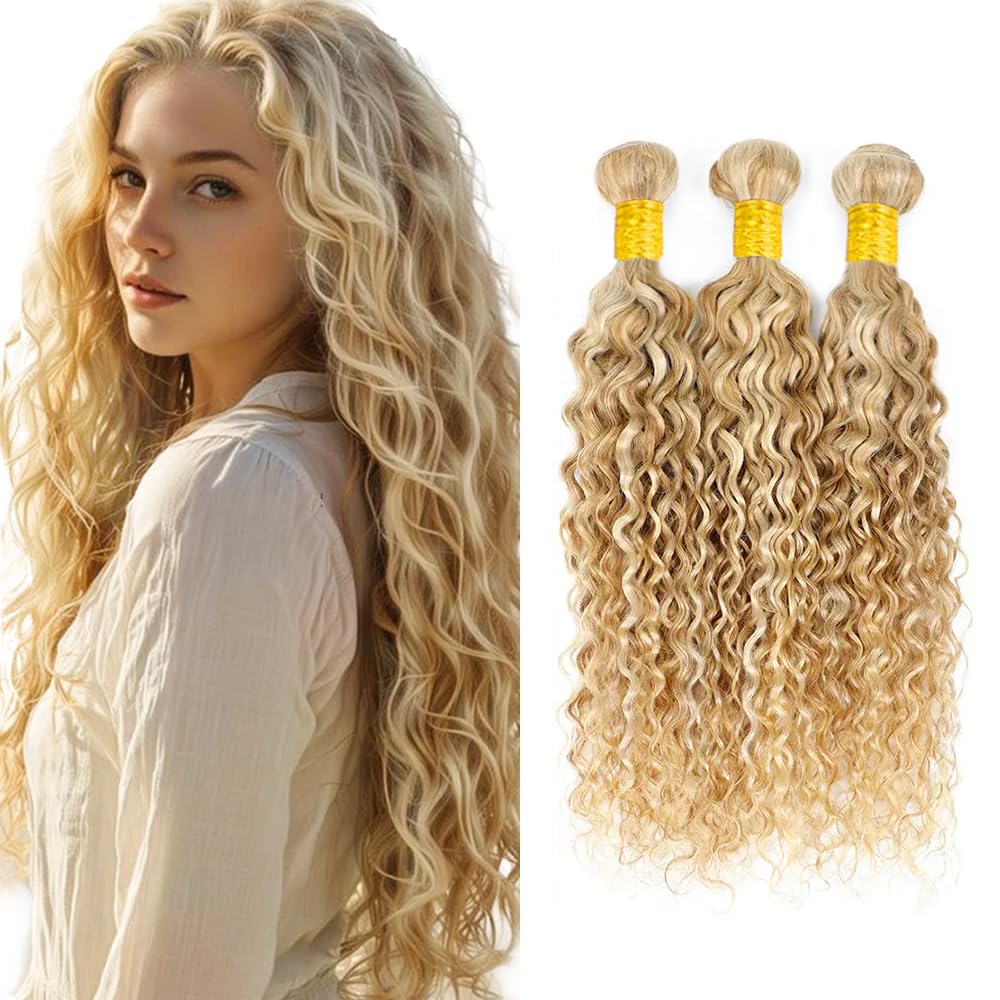 P27/613 Highlight Bundles Human Hair Water Wave Bundles 30 30 30 Inch Honey Blonde Unprocessed Brazilian Virgin Hair 3 Bundle 50 Gram Per Bundle Deals Quick Weave Hair Extensions