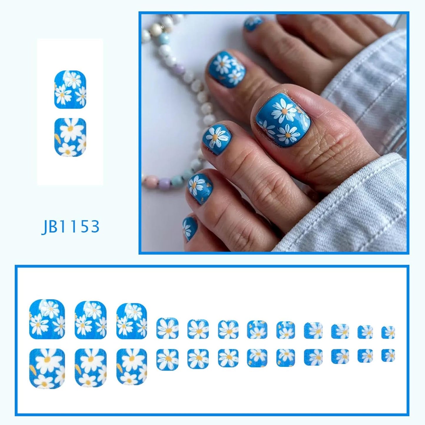 Press-On Toenails - Short Square Fake Toe Nails with Flower Designs | 24 Pcs Blue Acrylic Summer Beach Set