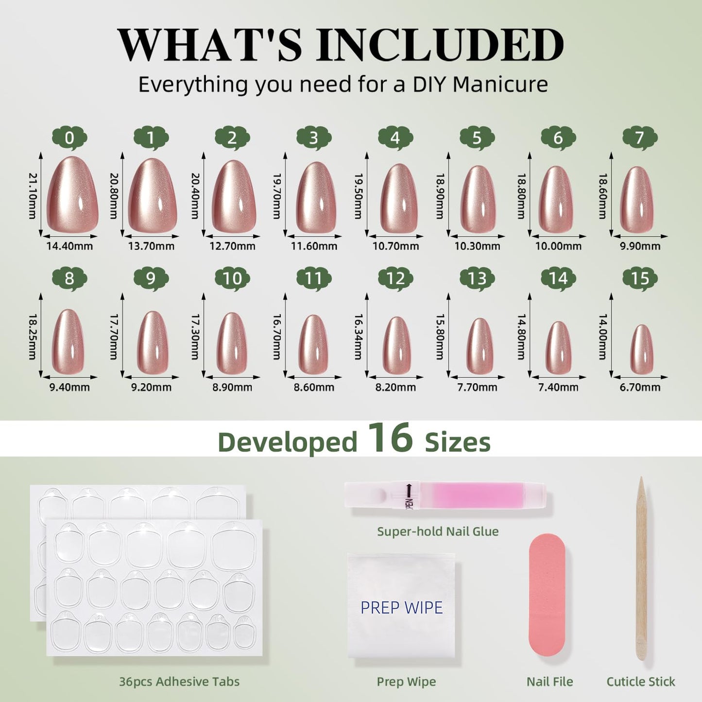 WiniBeauty Cat Eye Press On Nails - Mauve Short Almond Fake Nails, CatEye Press On Nails Reusable Stick On Nails in 16 Sizes, 32pcs False Nail Kit for Women & Girls (Metallic Mauve)
