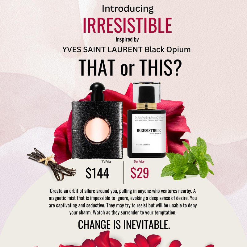 aromapassions IRRESISTIBLE | Inspired by YSL BLACK OPIUM | Pheromone Perfume for Women | Extrait De Parfum | Long Lasting Dupe Clone Perfume Cologne | Essential Oil Fragrance | (30 ml / 1 Fl Oz)