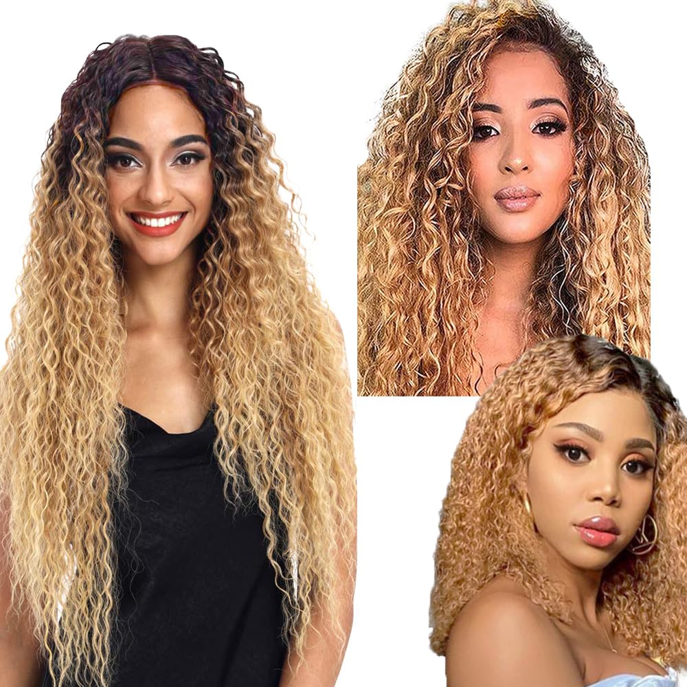 Ombre Human Hair Bundles T4/27 Kinky Curly Bundles Brazilian Virgin Hair 3 Bundles 22 24 26 Inch 2 Tone Brown and Honey Blonde