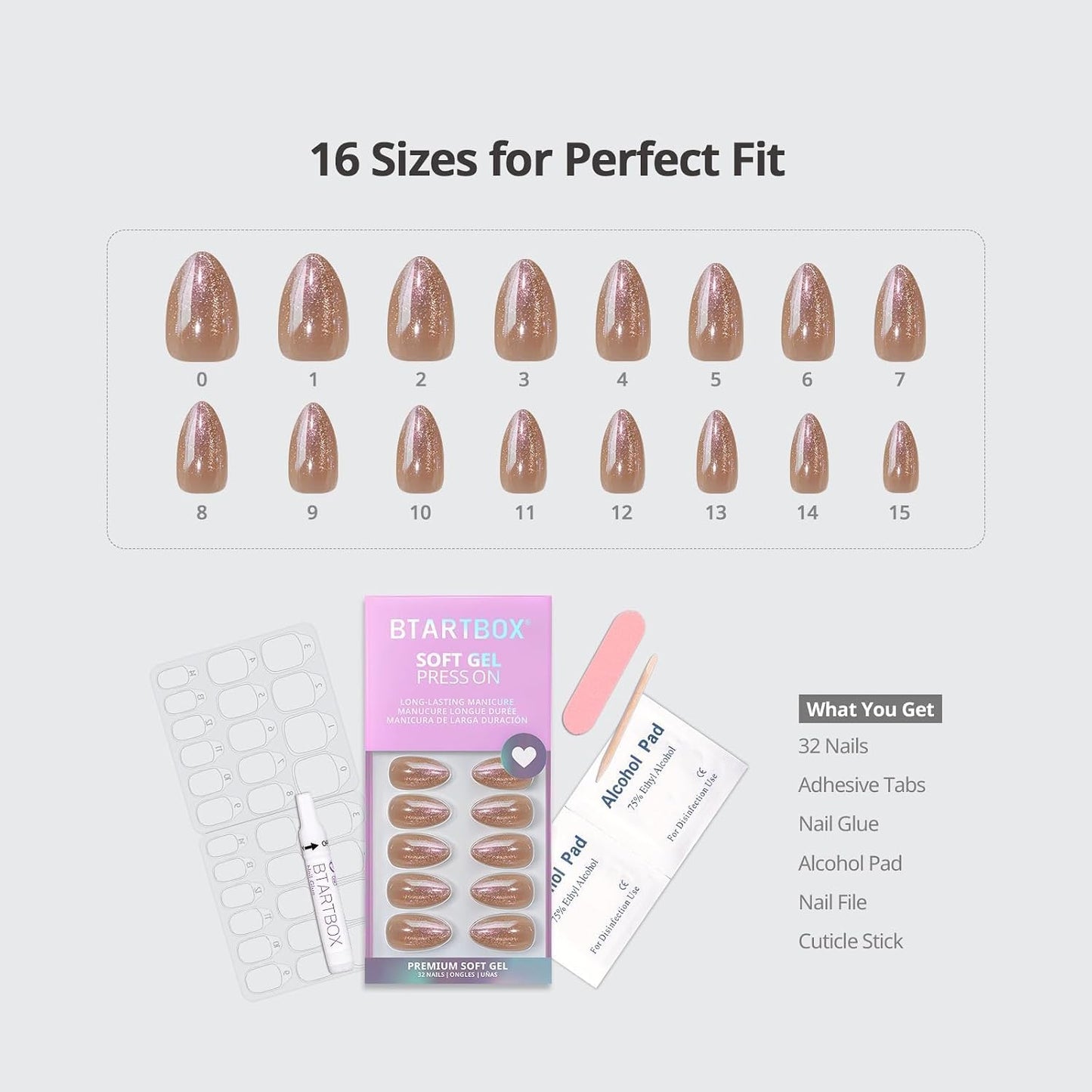 Press On Nails - Champagne Mood Chrome Nude Almond | Easy Application, 16 Sizes, 32 Nails Kit