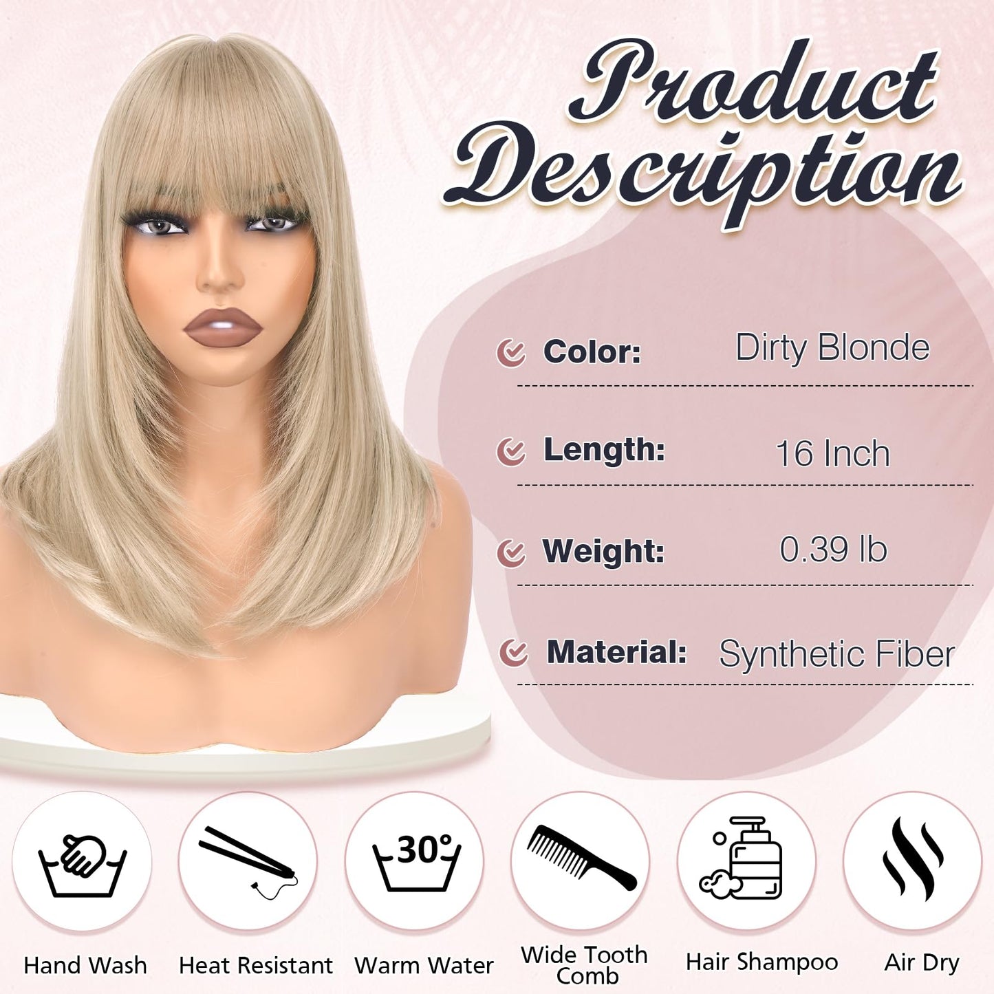 Haloo Blonde Bob Wigs with Bangs Shoulder Length Straight Natural Looking Synthetic Heat Resistant Medium Hair Wigs for Women Daily Party, 16 Inch Dirty Blonde