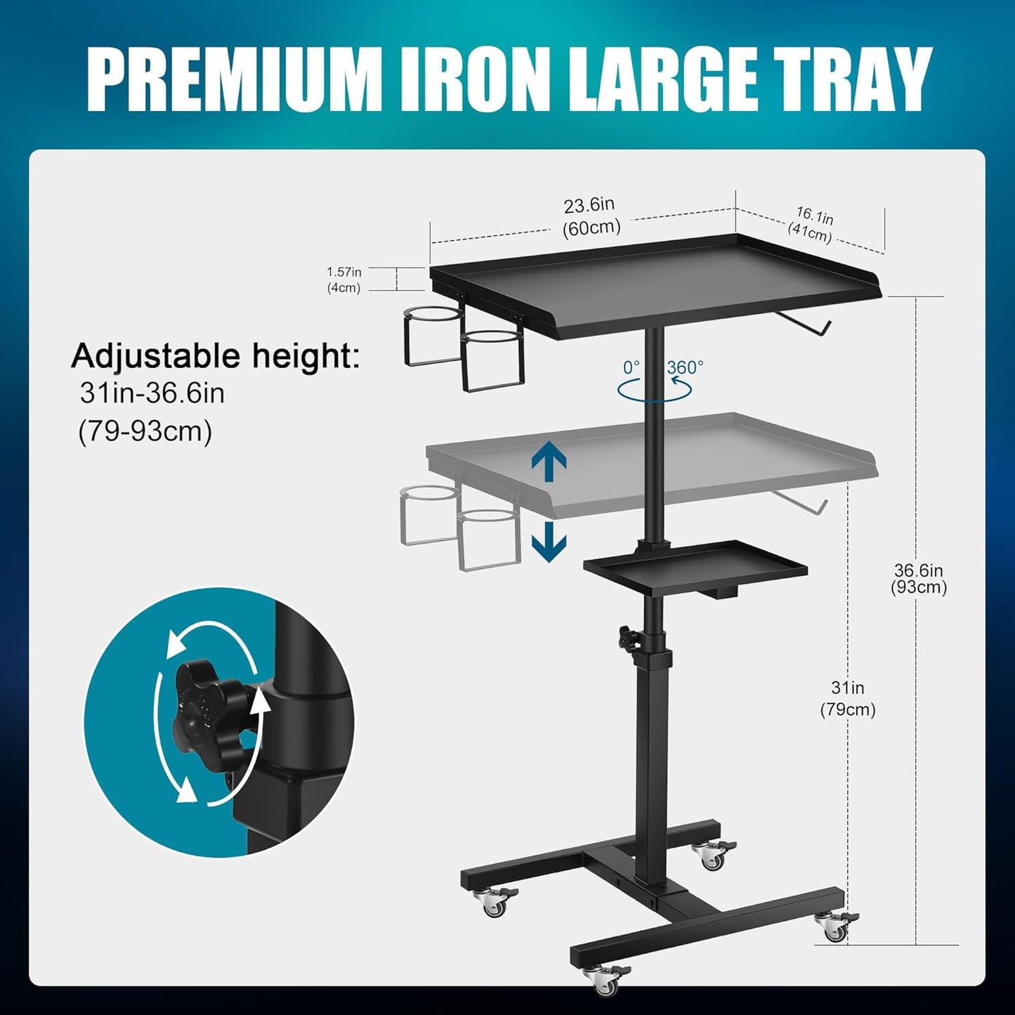 Premium Large Double Tier Rolling Workstation Table - 360° Mute Wheels for Tattoo & Beauty Salon | Storage Tray Included