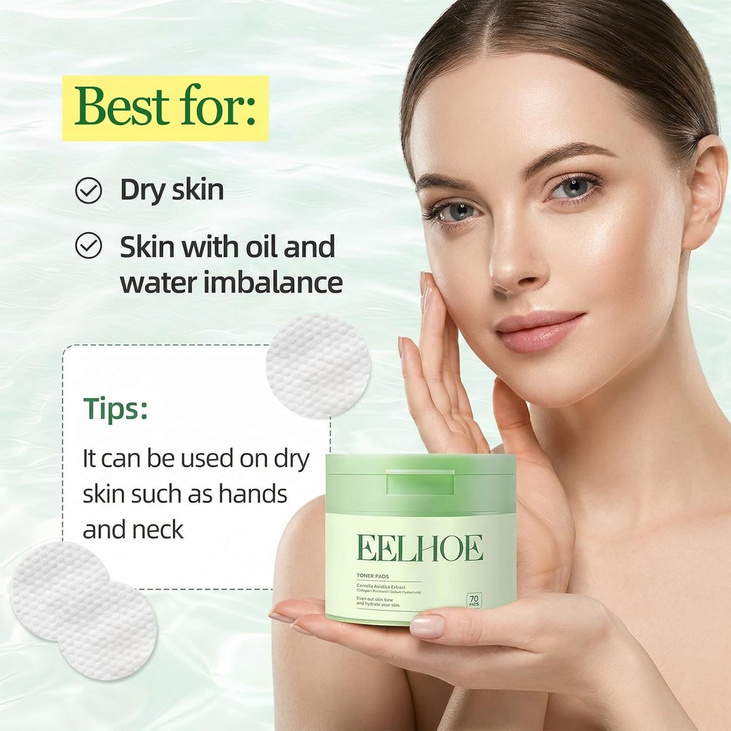 Toner Pads - 70 Count Centella Asiatica & Collagen Infused for Even Skin Tone | Hydrating & Repairing Dark Spots
