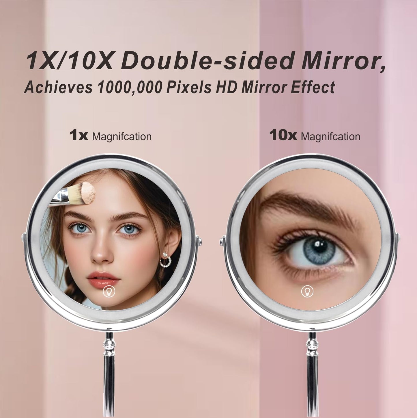 Makeup Mirror with Lights ，8 Inch 1X/10X Rechargeable Double Sided Magnifying, 360° Rotation LED HD Mirror with 3 Colors，Brightness Adjustable, Gifts for Women & Men