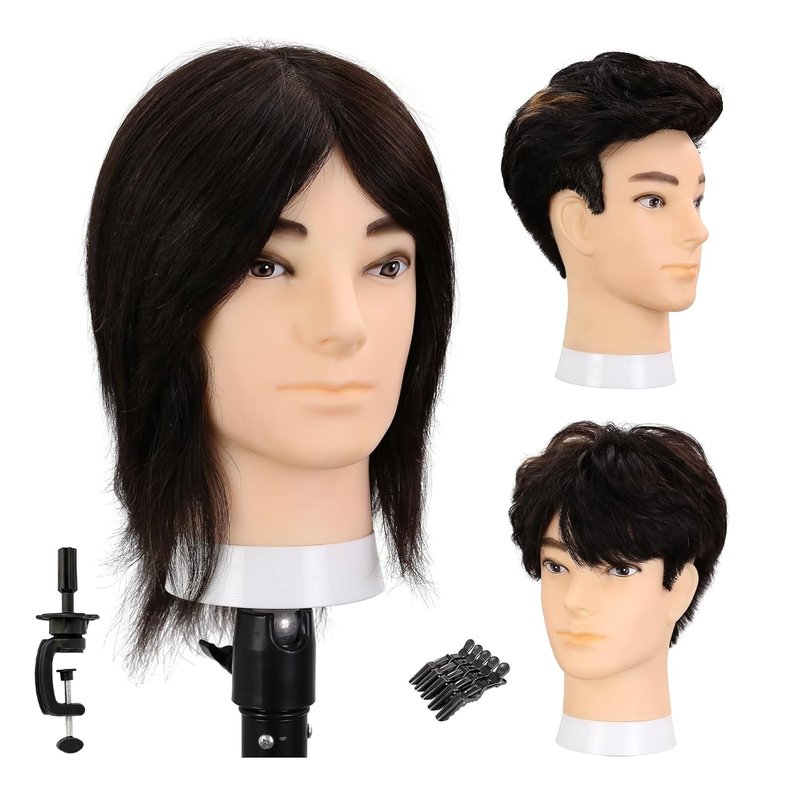 Realistic Male Mannequin Head - 10" Human Hair Training Manikin for Hair Cutting & Styling | Black