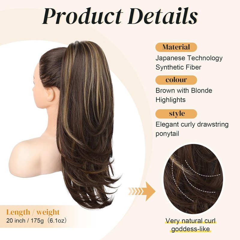 Ponytail Extension for Women - 20 Inch Drawstring Hairpiece | Soft Synthetic Brown with Blonde Highlights
