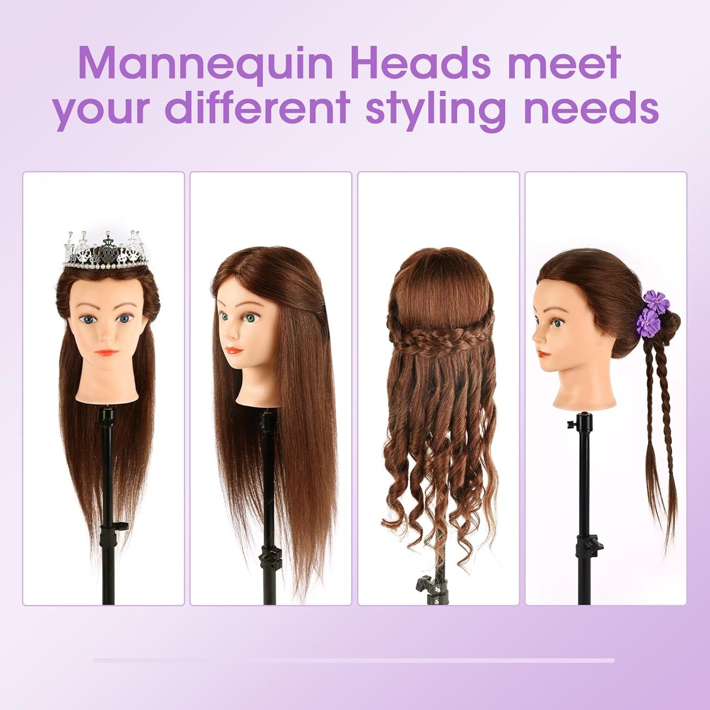 Human Hair Mannequin Head - 18'' Realistic Cosmetology Training Doll with Clamp & Tools | Dark Brown, Blue Eyes
