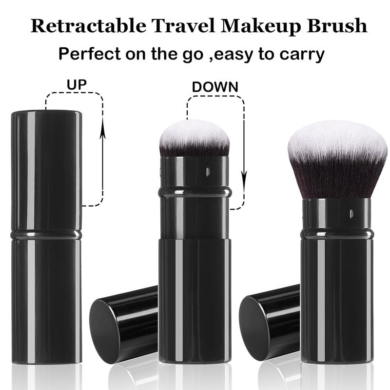 Retractable Kabuki Makeup Brush Set - 2 Pack Travel Brushes for Powder, Cream & Liquid Cosmetics | Aluminum Handle