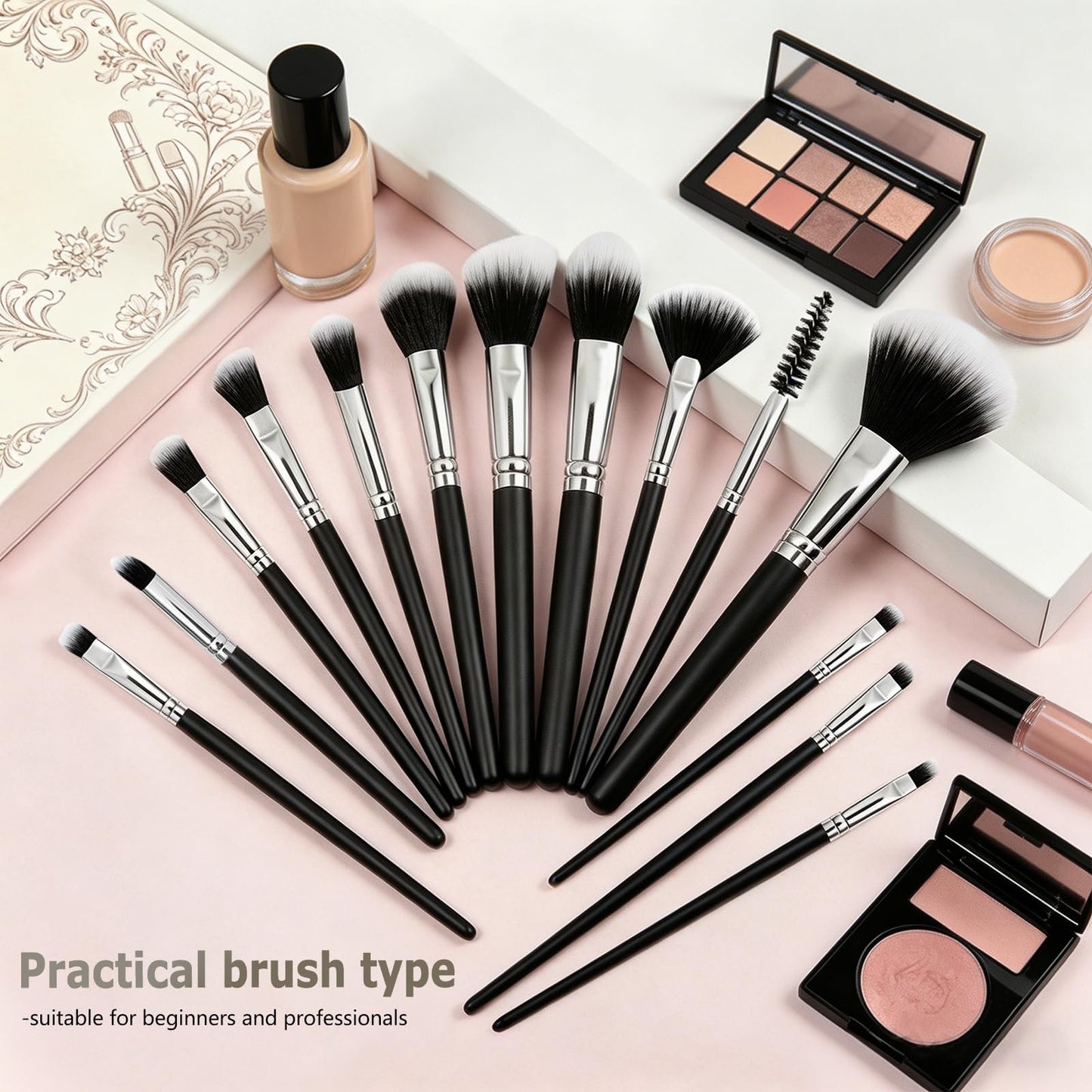 Makeup Brush Set, Premium Synthetic 14 Pcs Makeup Brushes, Travel Makeup Brush Set for Foundation, Concealer, Blush and Eyeshadow Brush(Black)