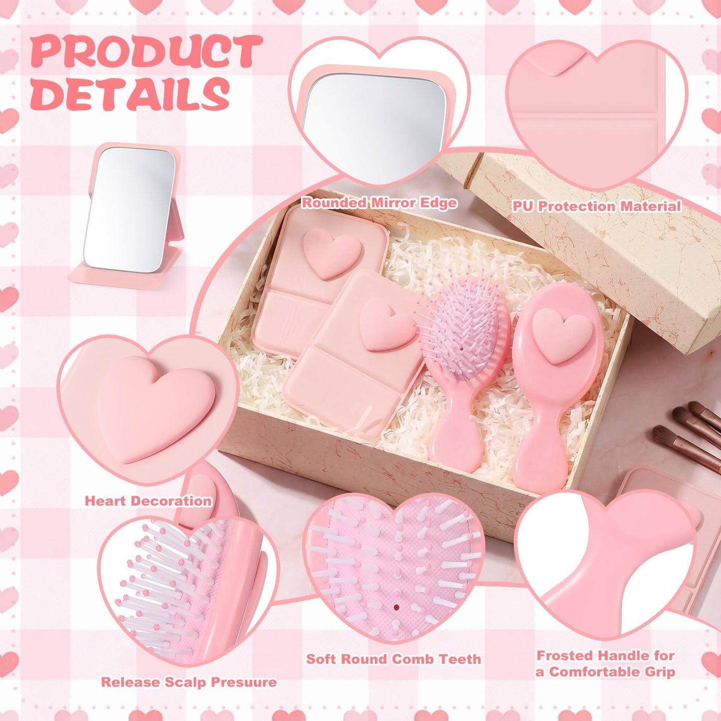 Amyhill 30 Pcs Coquette Heart Party Favor Compact Mirror Mini Hair Brush Travel Detangling Brush Bulk Preppy Heart Gift for Women Birthday Bridal Shower Bachelorette Graduation Party Supplies(Pink)