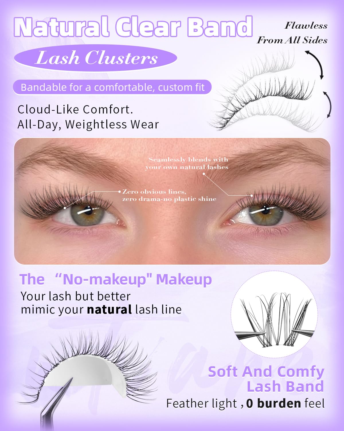 Natural Eyelash Clusters - Wispy Lash Extensions with Invisible Band | Short 8-10-12mm C-Curly for Daily Wear