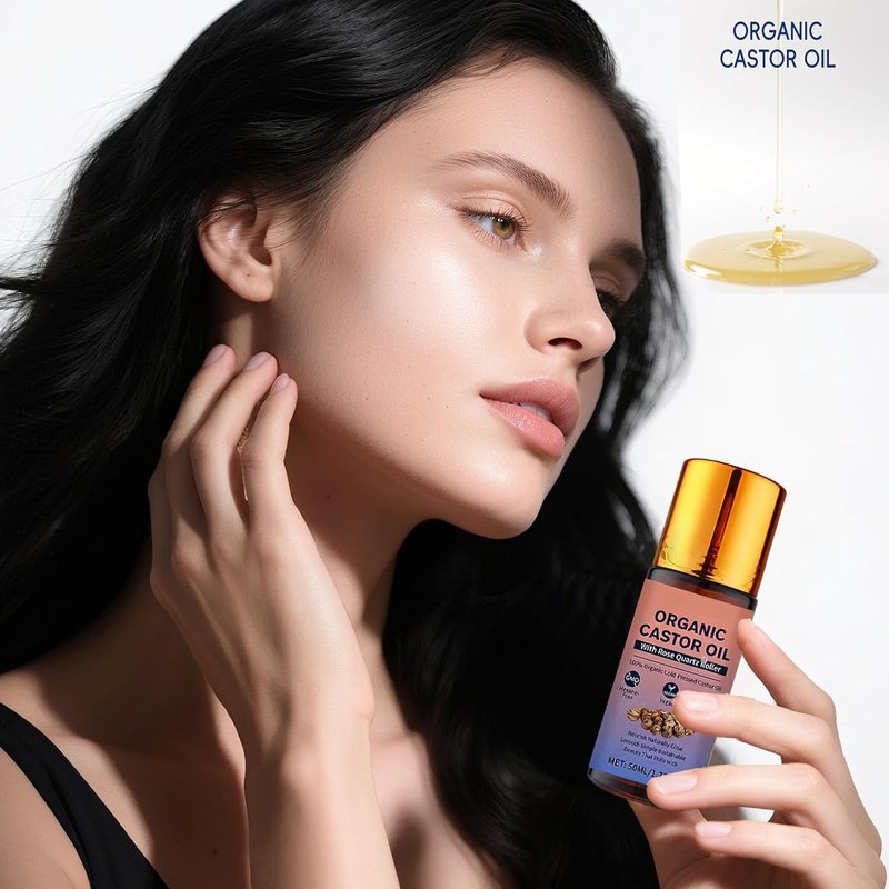 Organic Castor Oil Roll-On with Rose Quartz Roller | 100% Cold Pressed, Hexane-Free | Moisturizes Skin & Hair - 1 Piece