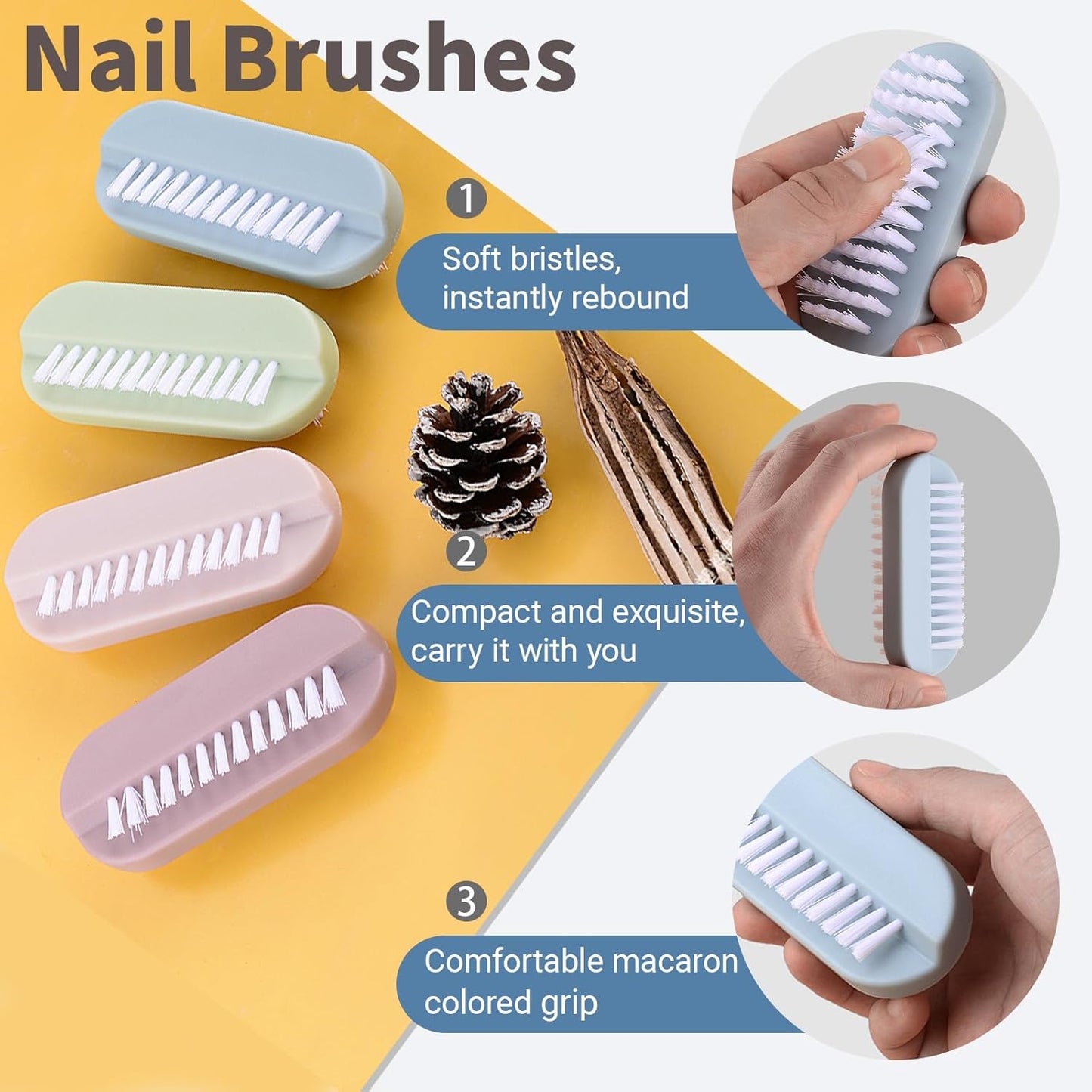 Nail Brush for Cleaning Fingernails - 2-Sided Scrub Brush with Soft & Stiff Bristles | 4-Pack for Men, Women & Kids