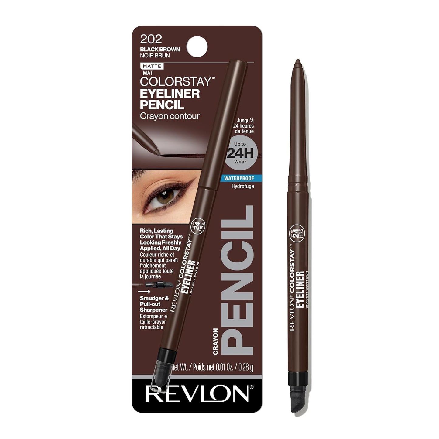 Revlon ColorStay Waterproof Eyeliner Pencil - Smudge-Proof, Long-Lasting Matte Finish | 202 Black Brown, 0.01 oz