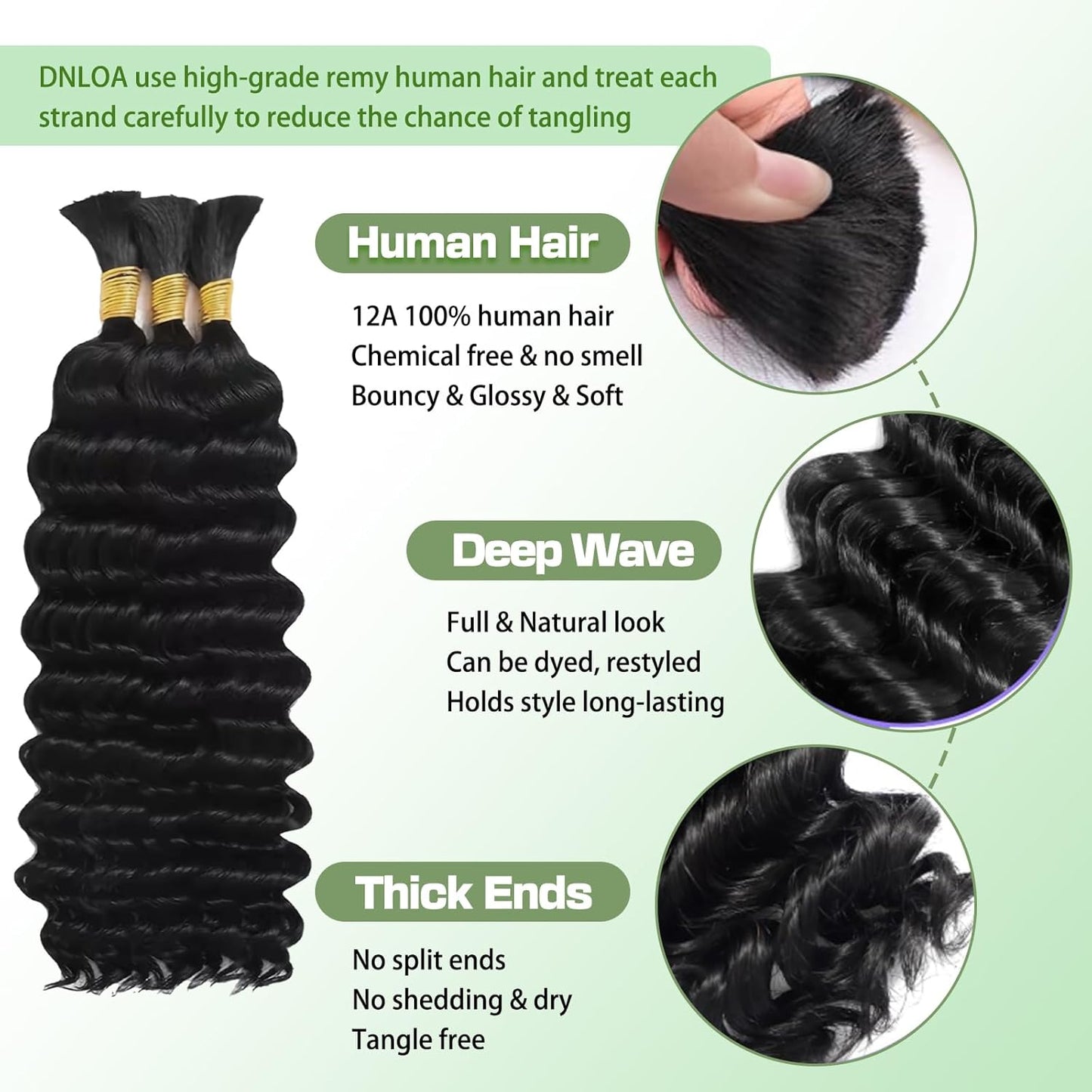Human Braiding Hair - 14 Inch 100% Deep Wave Boho Hair for Braiding | 3 Bundles Natural Black with Curly Ends, 110g