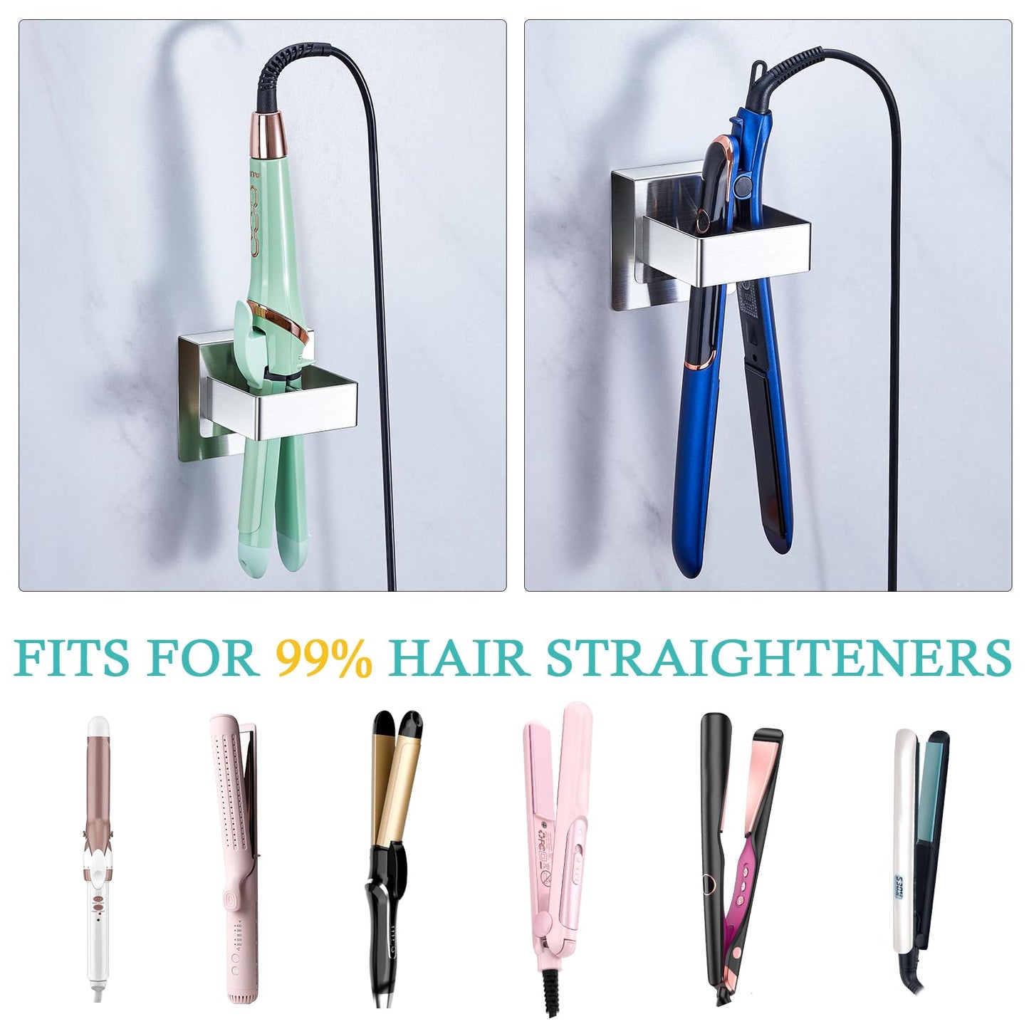 Straighteners Holder Wall Mounted Curling Iron Holder Metal Hair Dryer Holder for Curling Wands Accessories Adhesive Hair Tool Organizer Flat Iron Holder for Bathroom Barber Shops Vanity (Sliver)