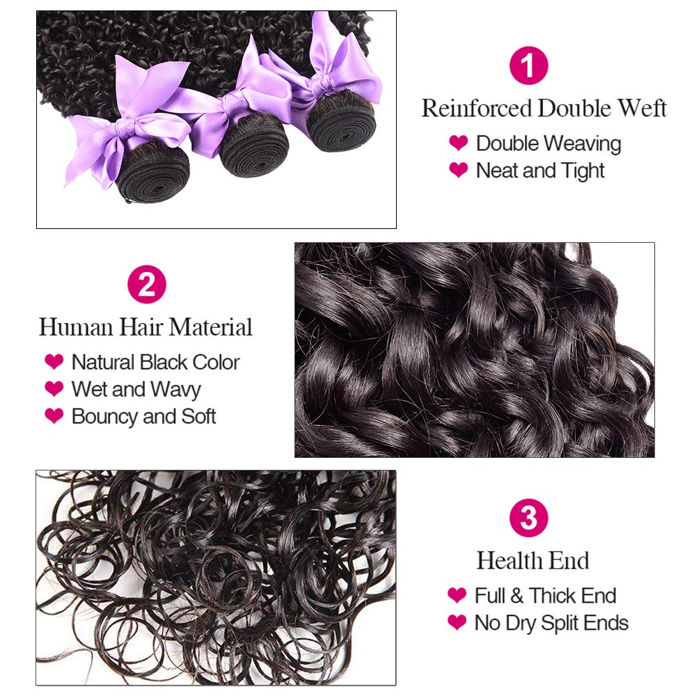 Water Wave Bundles With Closure (16 18 20 +14) Brazilian Virgin Human Hair Curly Wave 3 Bundles with Closure Free Part Wet and Wavy Human Hair Weave Bundles With 4inch x 4inch Closure Natural Color