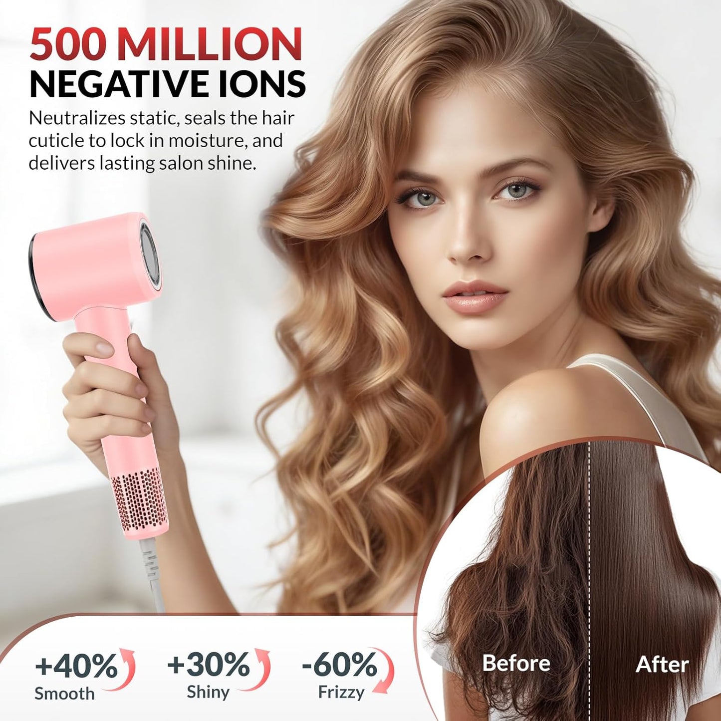 Chignon Ionic Travel Hair Dryer - 1600W Fast Drying Blow Dryer with Diffuser | Lightweight Pink Design