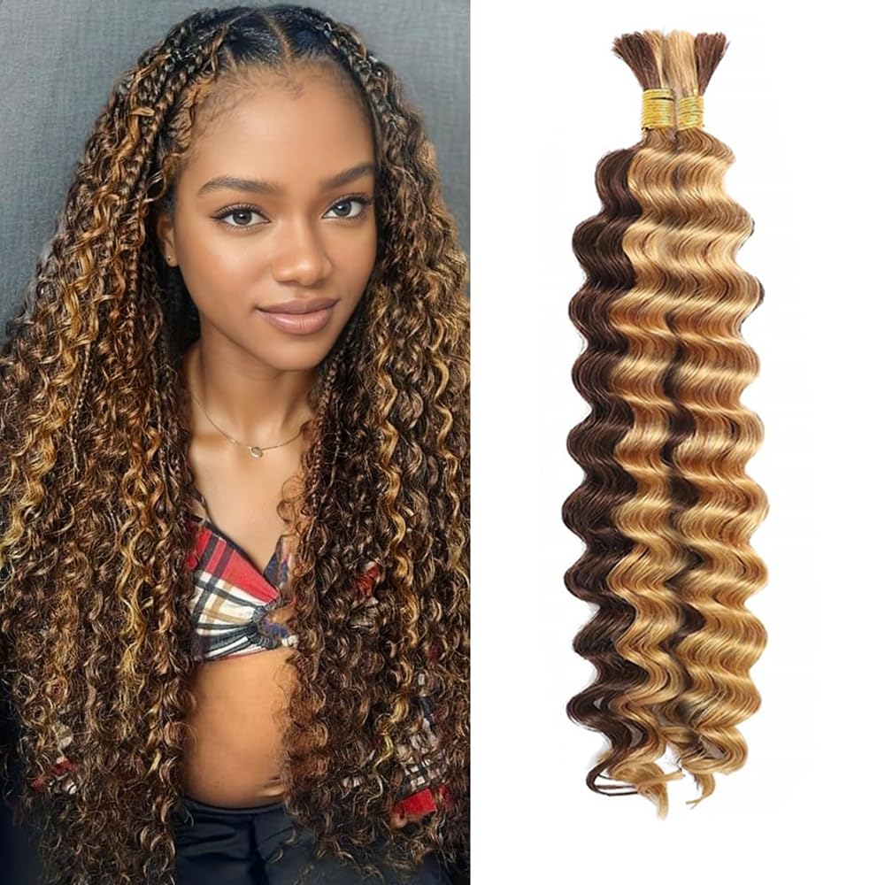 Human Braiding Hair for Boho Braids 28 28 inch Highlight Brown Deep Wave Bulk Human Hair for Braiding Knotless Deep Wave Boho Braids 2 Bundles